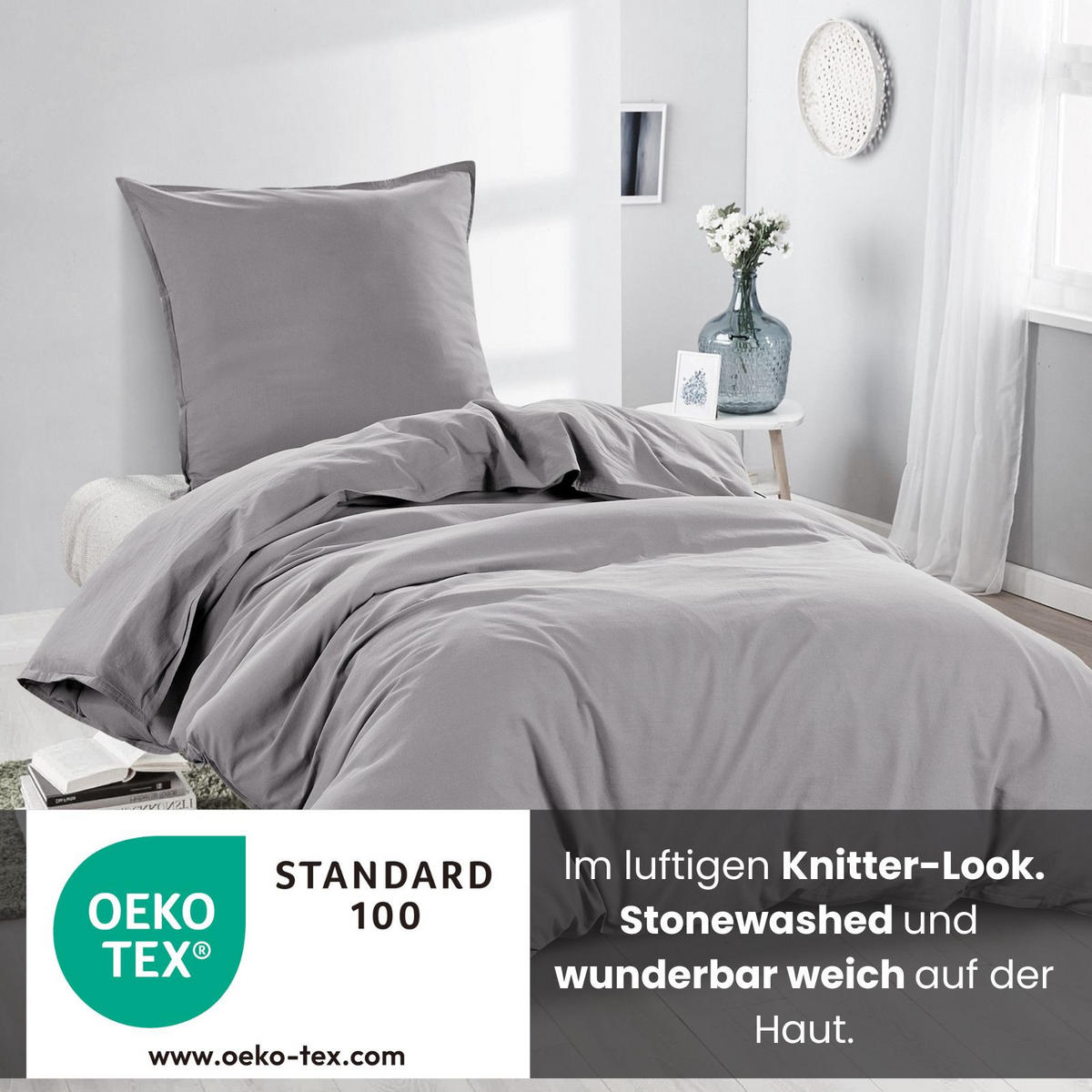 BETTWÄSCHE Stone Washed grau 135/200 cm 100% Baumwolle Used-Effekt mit Stehsaum - Grau, Textil (135/200cm) - wometo