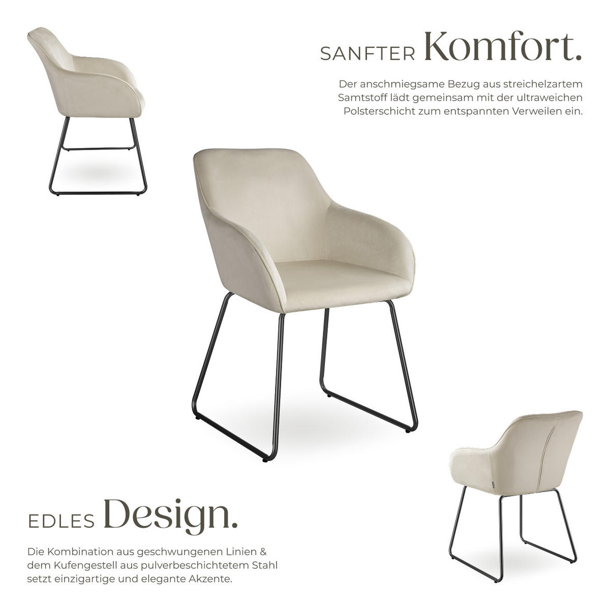 ESSZIMMERSTUHL Jeane,57 x 61 x 85,5 cm, Belastbarkeit 120 kg,Samtoptik creme/schwarz - Schwarz/Samtahornfarben, Kunststoff (57/85.5/61cm) - tectake