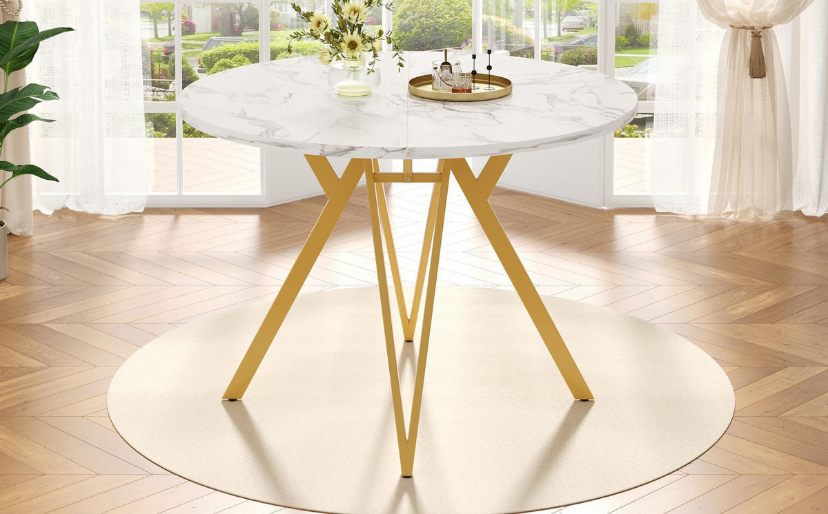 ESSTISCH, MDF mit Marmormuster & Metallgestell, 100/100/76 cm, Gold - Goldfarben, Holzwerkstoff (100/100/76cm) - Redom