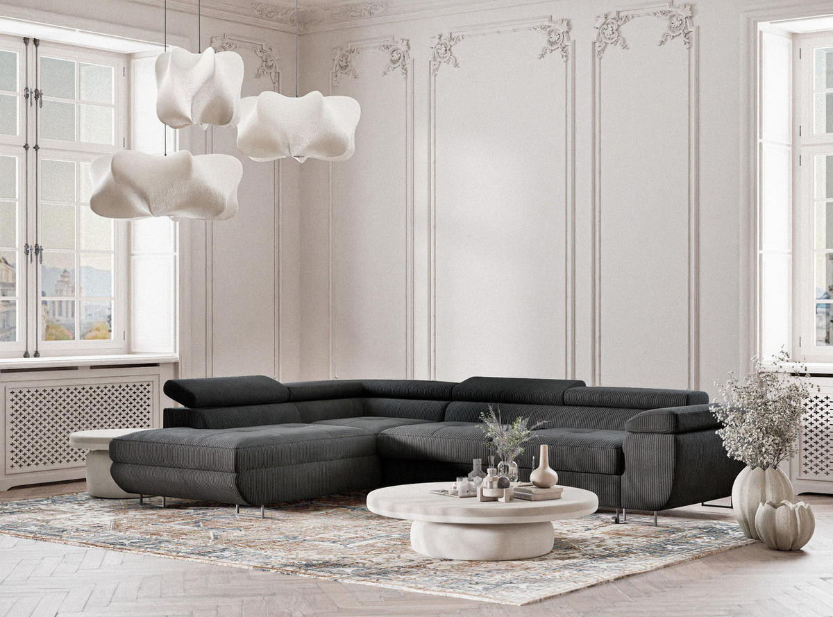 ECKSOFA MIT SCHLAFFUNKTION Concord Anthrazit Samtstoff - Anthrazit/Schwarz, Holz/Holzwerkstoff (203/277cm) - Maison de Reve