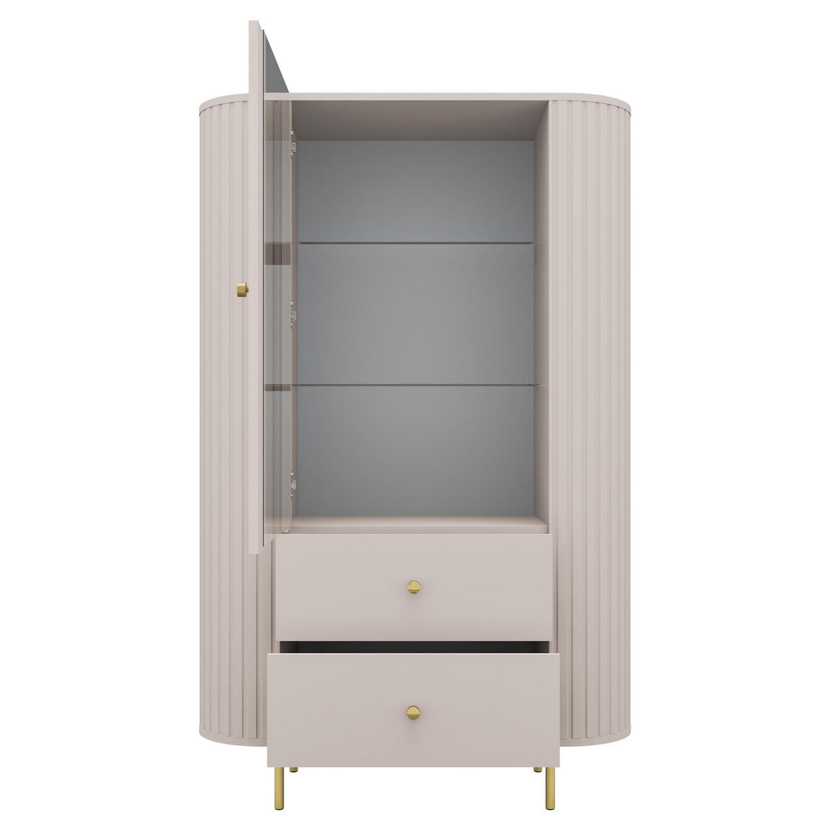 VITRINE Halay Beige, 1 Tür & 2 Schubladen Moderne Rillenstruktur, mit runden Kanten - Beige/Goldfarben, Holzwerkstoff/Metall (97.4/155/42.3cm) - AX Living