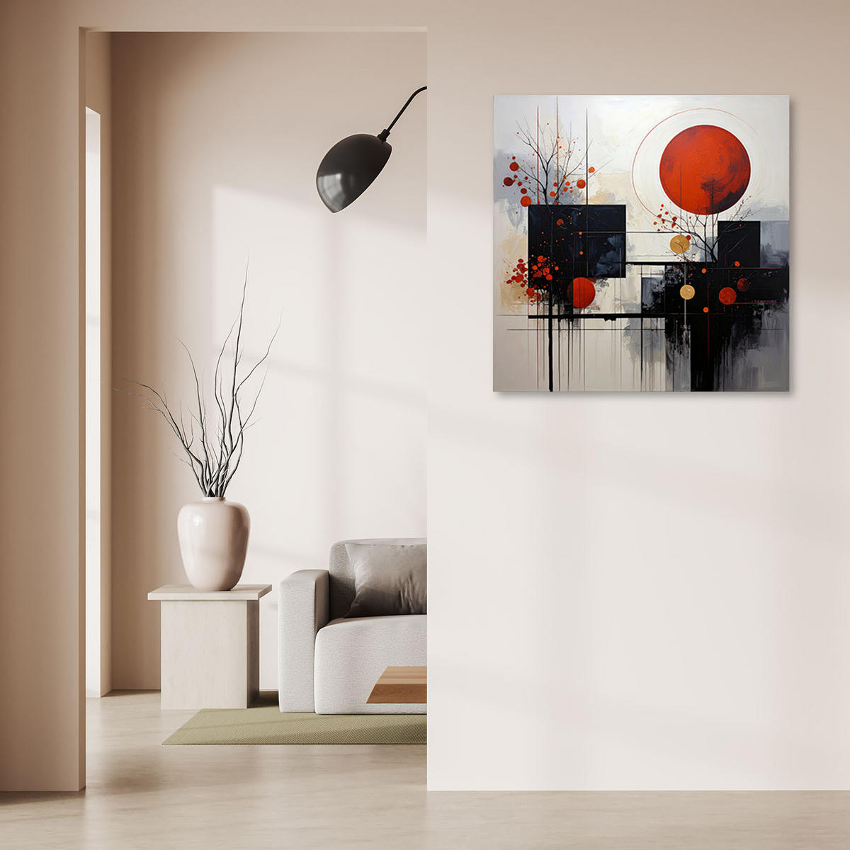 WANDBILD, Abstrakt Kreise und Blätter in Beige und Rot - Rot, Textil (20/20cm) - Feeby