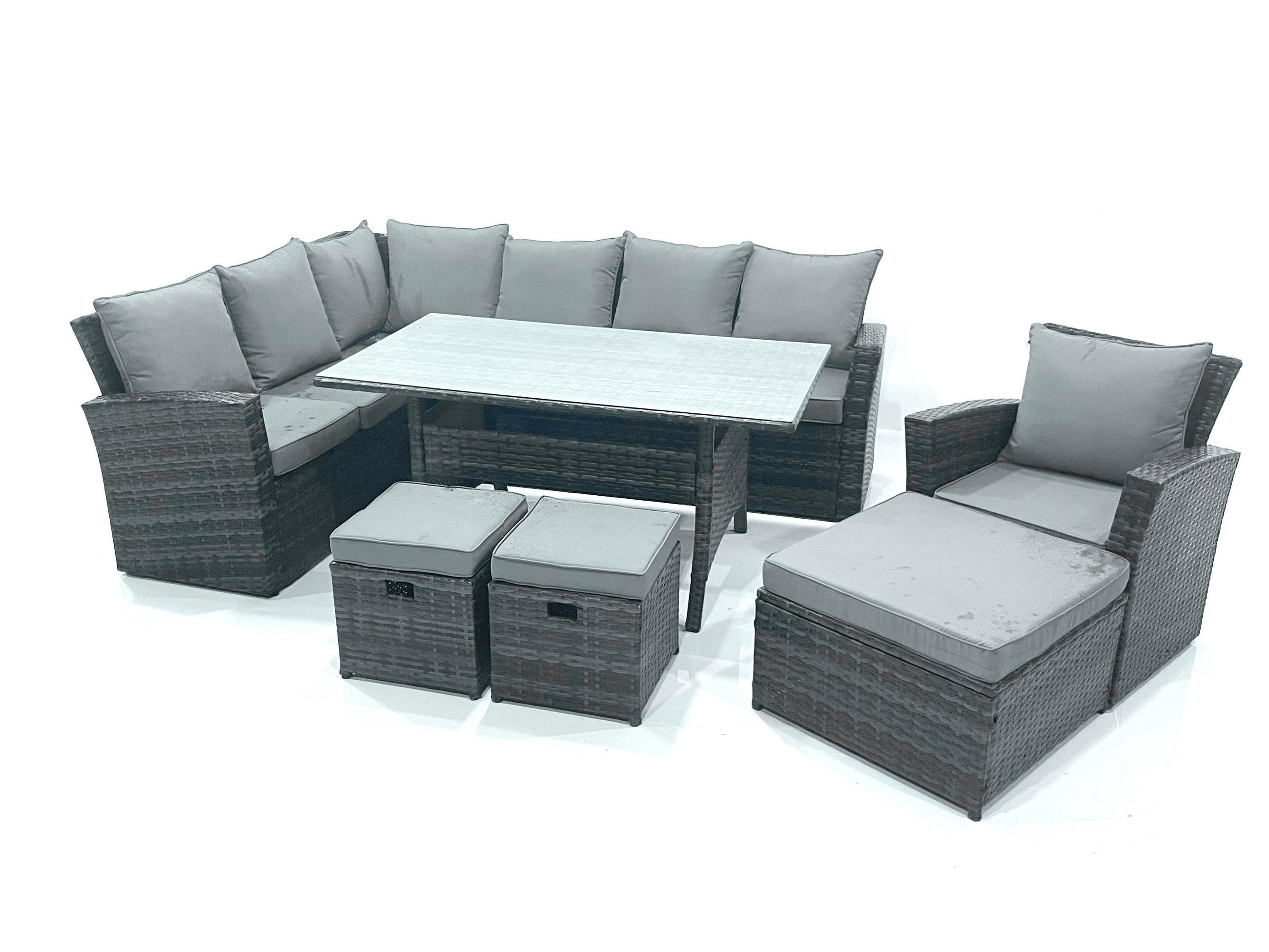 GARTENLOUNGE mit Ecksofa Polyrattan 10-Sitzer - Dunkelgrau/Grau, Glas/Kunststoff - Fimous