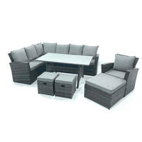 GARTENLOUNGE mit Ecksofa Polyrattan 10-Sitzer - Dunkelgrau/Grau, Glas/Kunststoff - Fimous