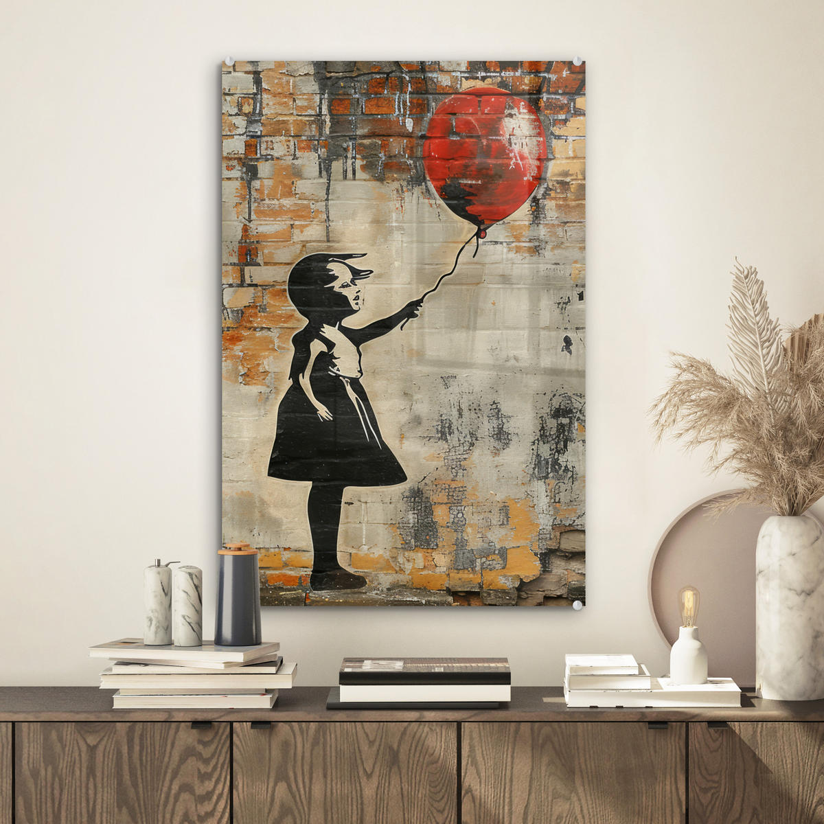 ACRYLGLASBILD Graffiti - Banksy - Mädchen - Straßenkunst 40x60 cm - Sandfarben, Glas (40/60cm) - MuchoWow