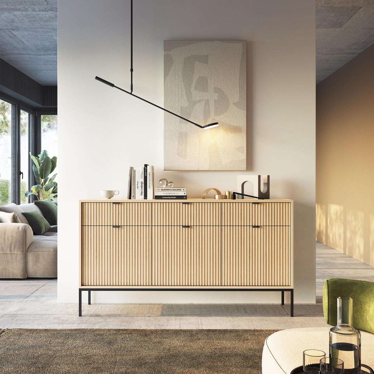SIDEBOARD STELLARE 154x39x83 cm mit 3 Schubladen und 3 Türen Eichefarben - Braun, Holzwerkstoff (154/83/39cm) - MASSENO