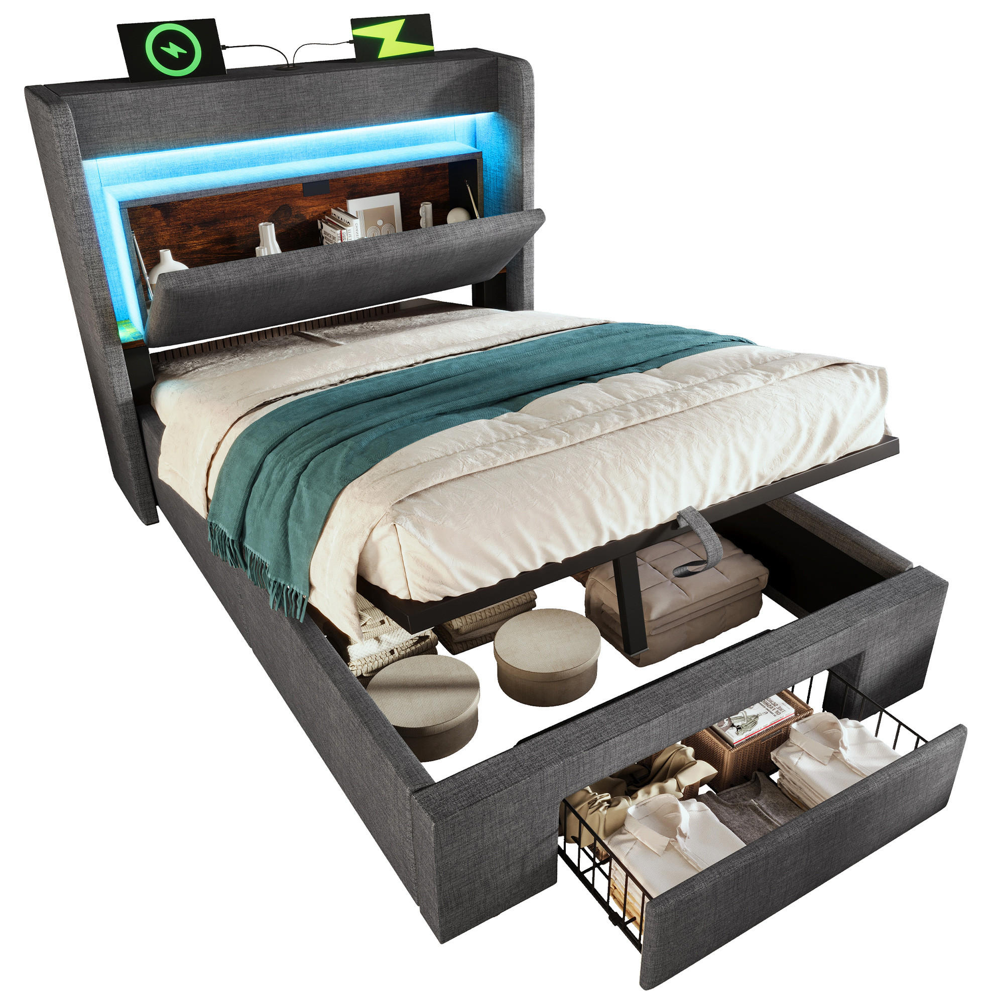 POLSTERBETT 90/200 cm grau aus Leinen mit LED, USB-C, Stauraum und Matratze - Grau, Textil (90/200cm) - OKWISH