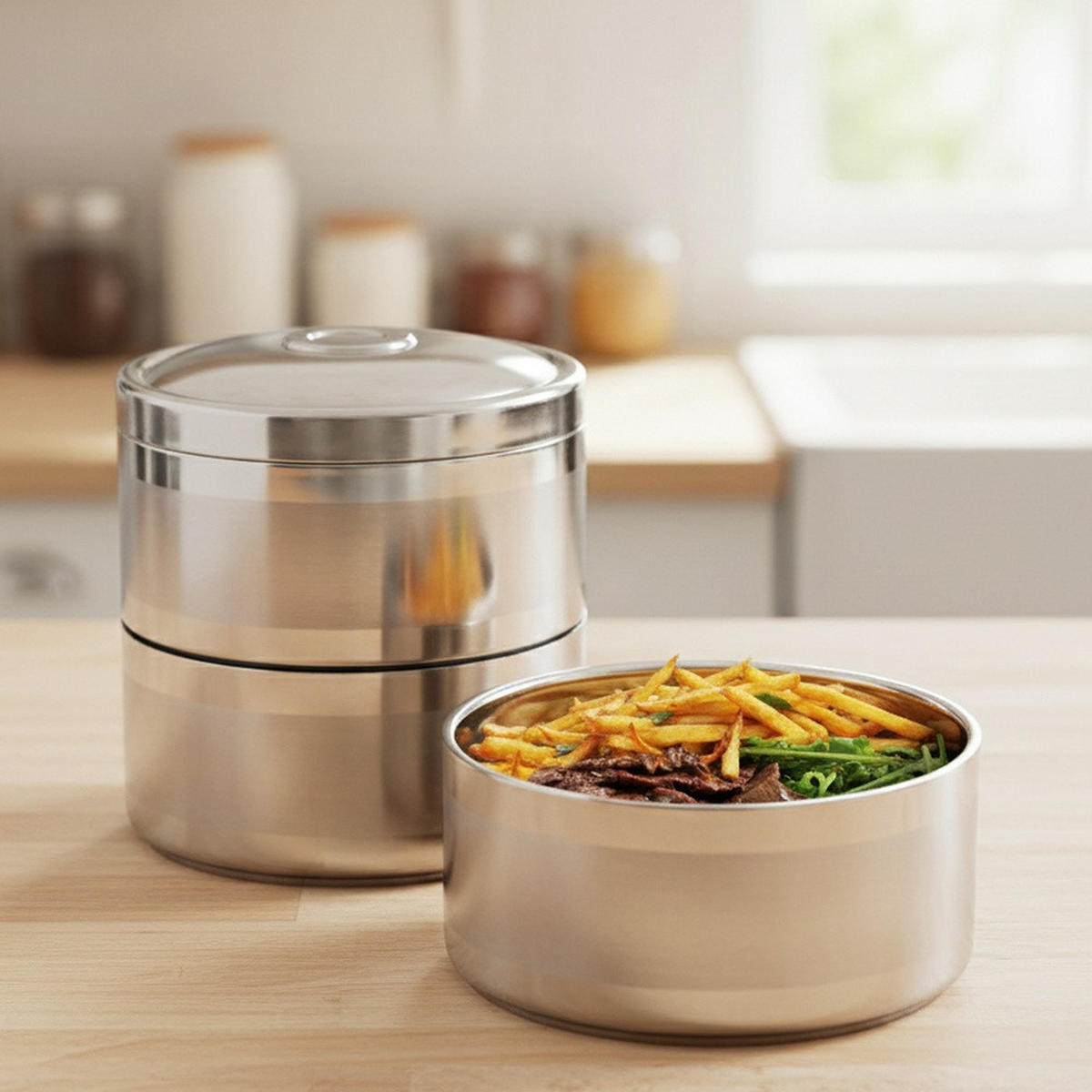 THERMISCHE LUNCHBOX aus Stahl 3-stöckig 3 x 1,1 l - Silberfarben, Metall (16/29/16cm) - Orion 