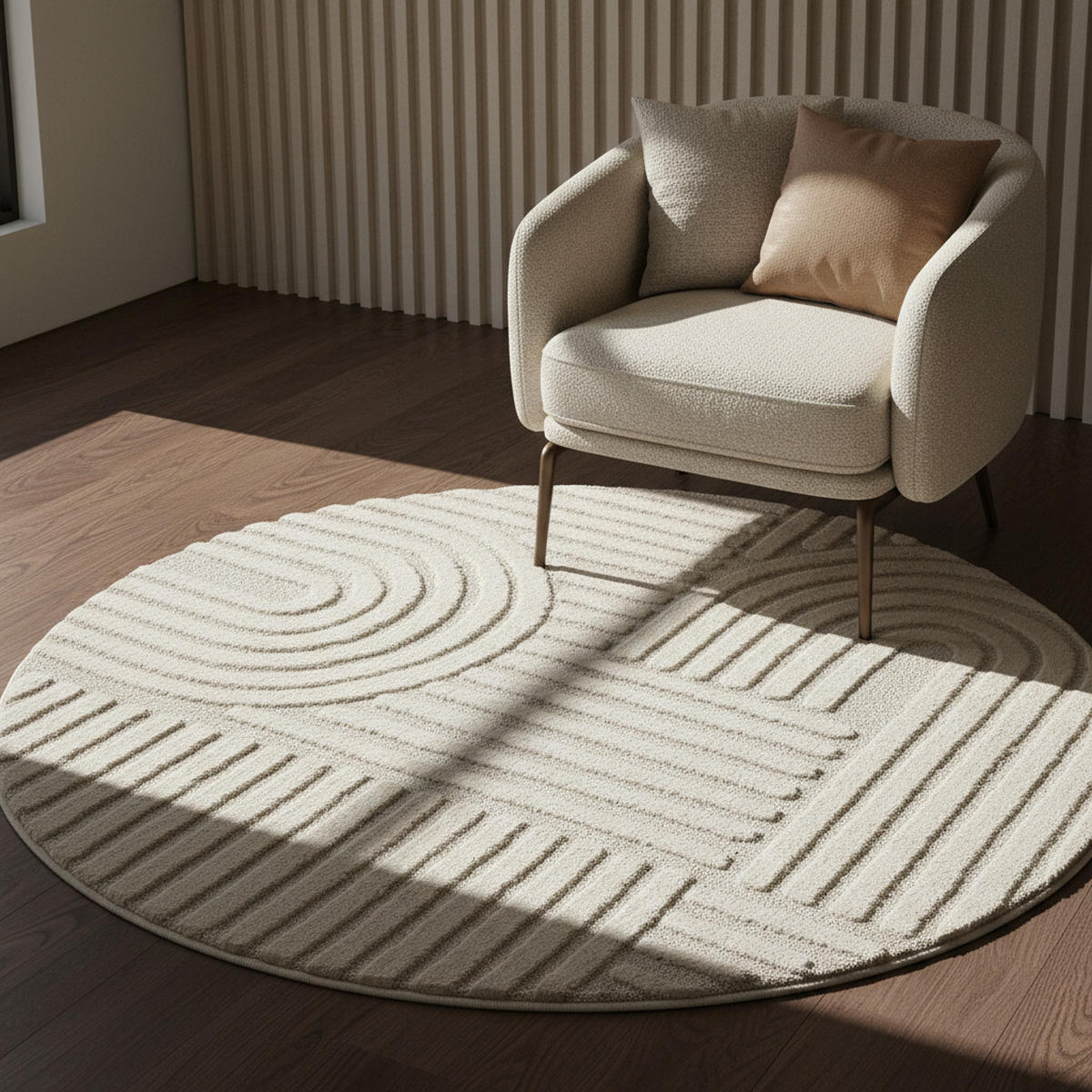 TEPPICH 3D-Effekt Skandinavischer Boho Skulptural Waschbar Esszimmer Rund Creme 160x160 cm – RIGI - Beige, Textil (160/160cm) - KADIMA DESIGN