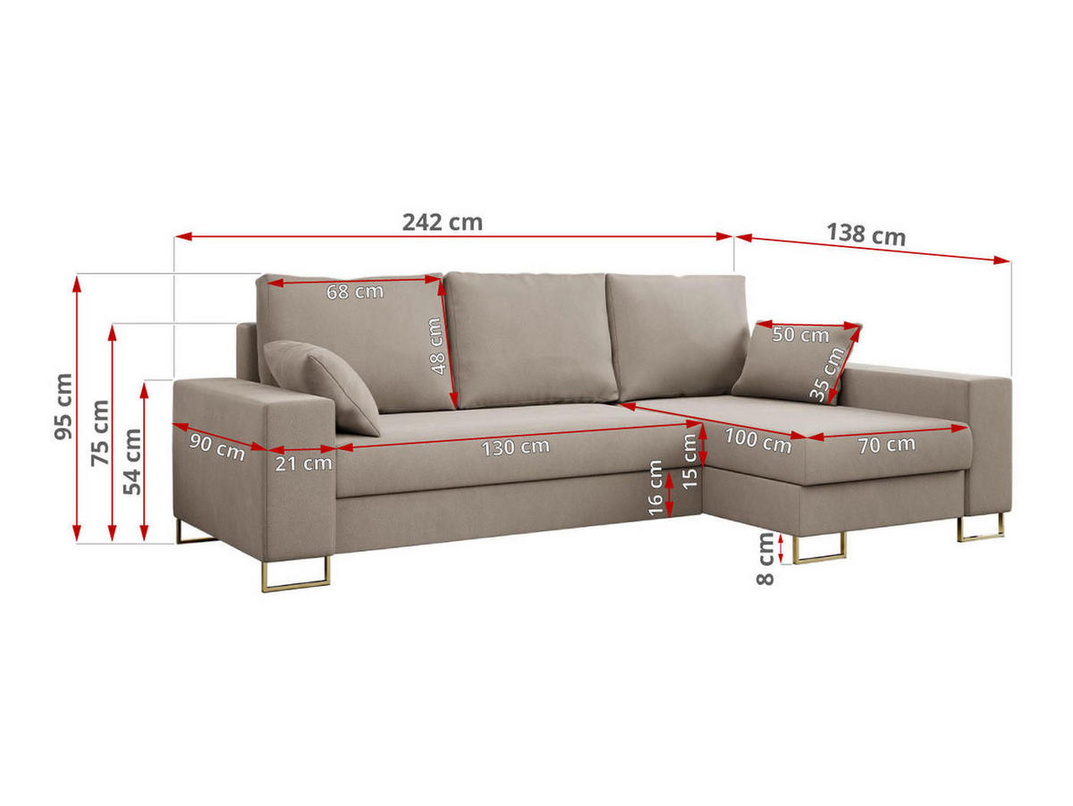 ECKSOFA Dorian Velvet Beige - Beige/Goldfarben, Textil/Metall (242/138cm) - MKS