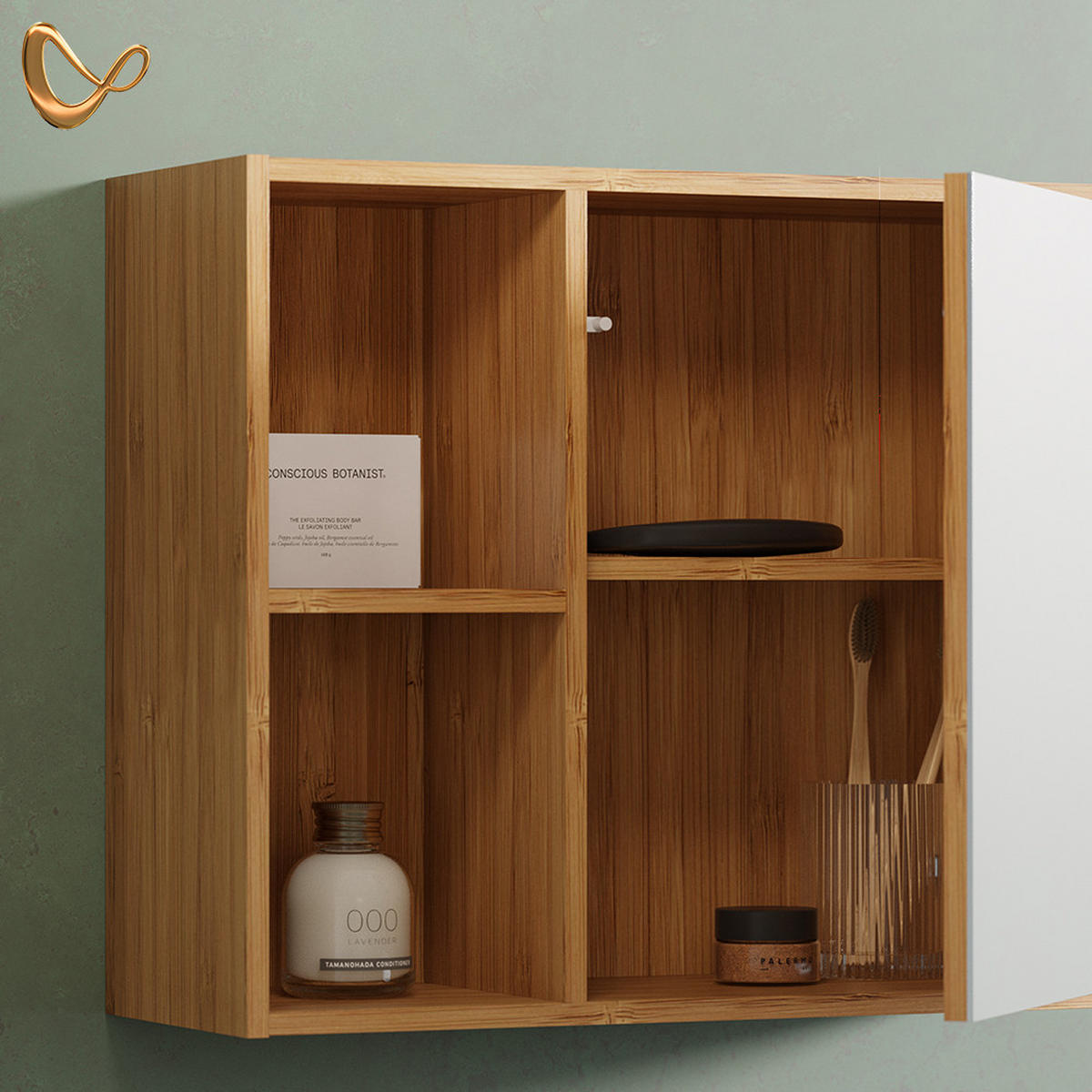 KOPALNIŠKA OMARICA Z OGLEDALOM Olona, Bambus, 54 x 44.5 cm z ogledalom - naravne barve, leseni material (54/44.5/20cm) - Livinity®