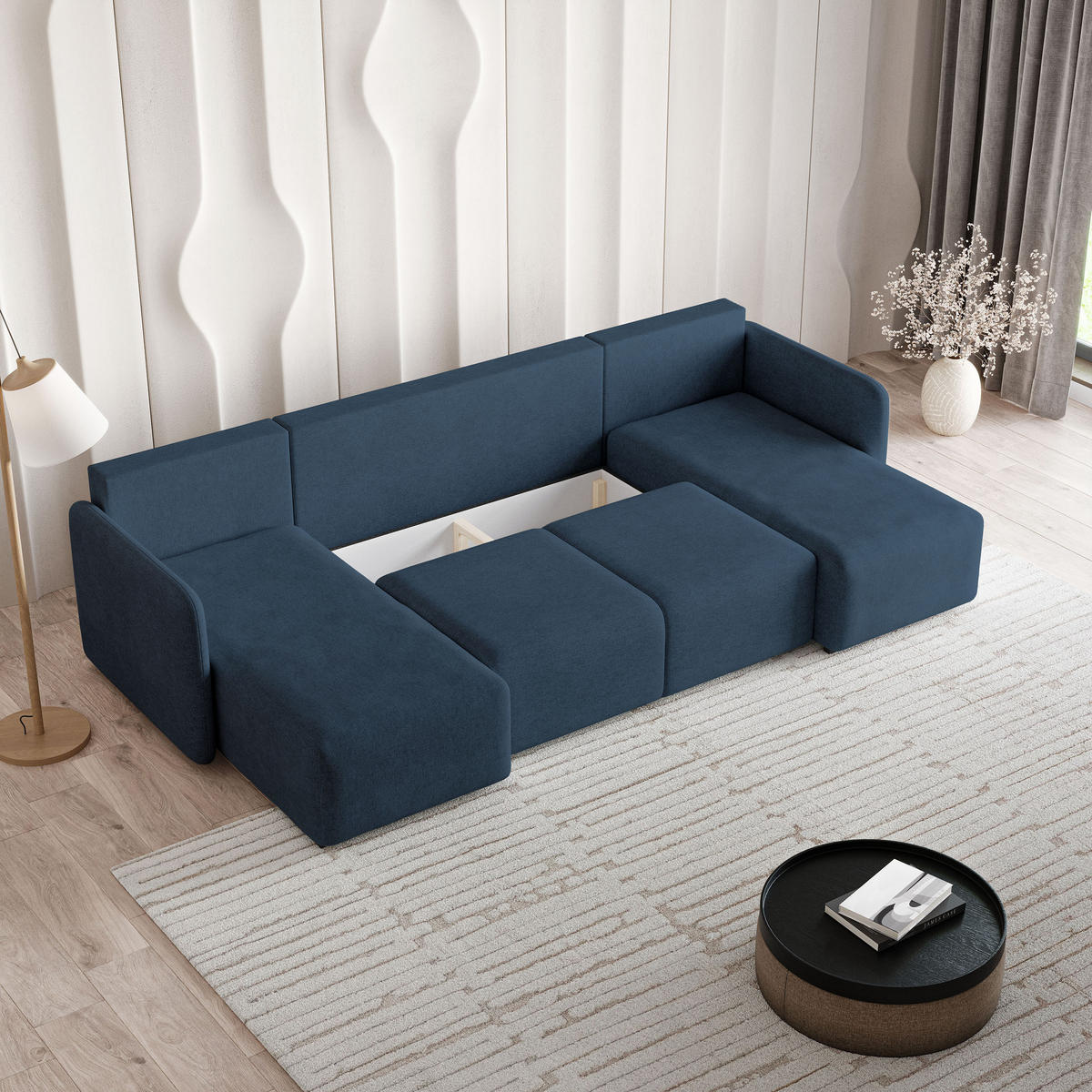 WOHNLANDSCHAFT NUBERO Blau Geflochtener Stoff mit Schlaffunktion - Blau, Holz (285/85/143cm) - MASSENO