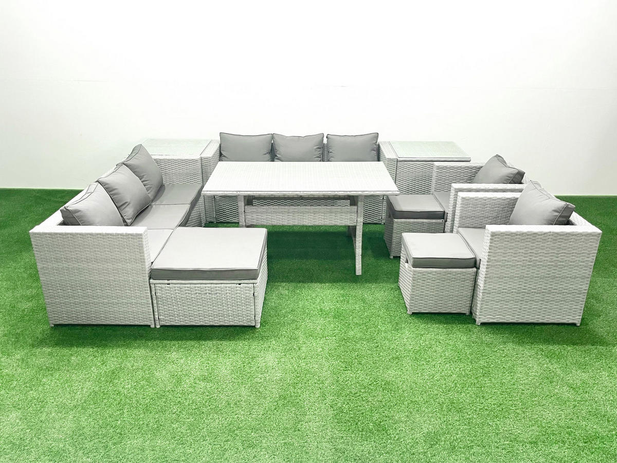 GARTENMÖBEL SET mit 3-Sitzer-Sofa und 2 Stühle, Esstisch,3 Hockern,2 Beistelltischen Polyrattan Hellgrau 11-Sitzer - Hellgrau/Grau, Glas/Kunststoff - Fimous
