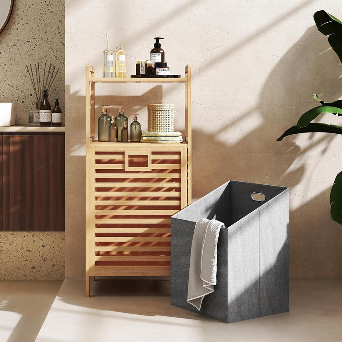 BADREGAL mit Wäschekorb natur - Naturfarben, Naturmaterialien (43.5/96/33cm) - COSTWAY