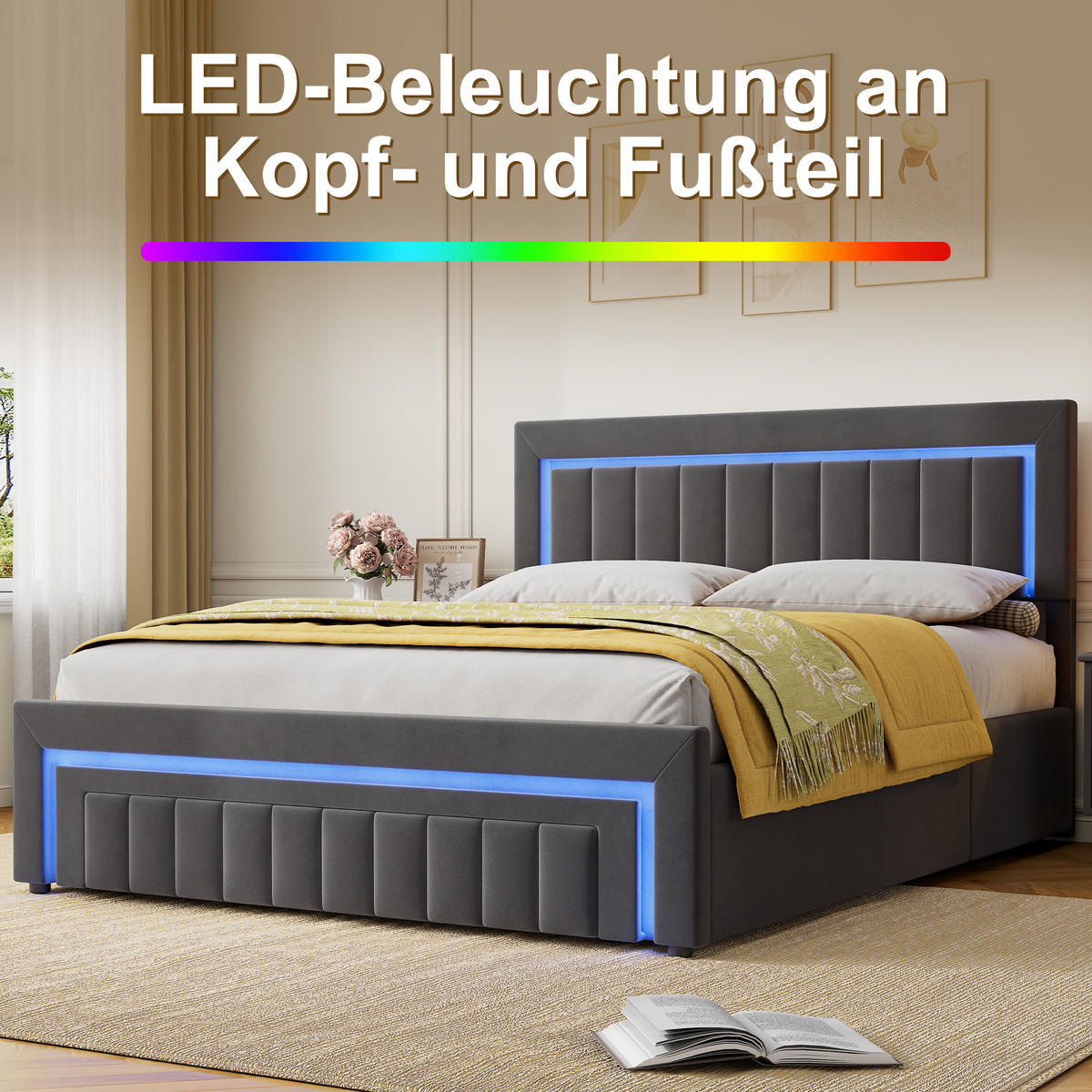 POLSTERBETT 160/200 cm in Grau, mit Bettkasten und Schubladen , mit LED, ohne Matratze - Grau, Holzwerkstoff/Textil (160/200cm) - WISHDOR