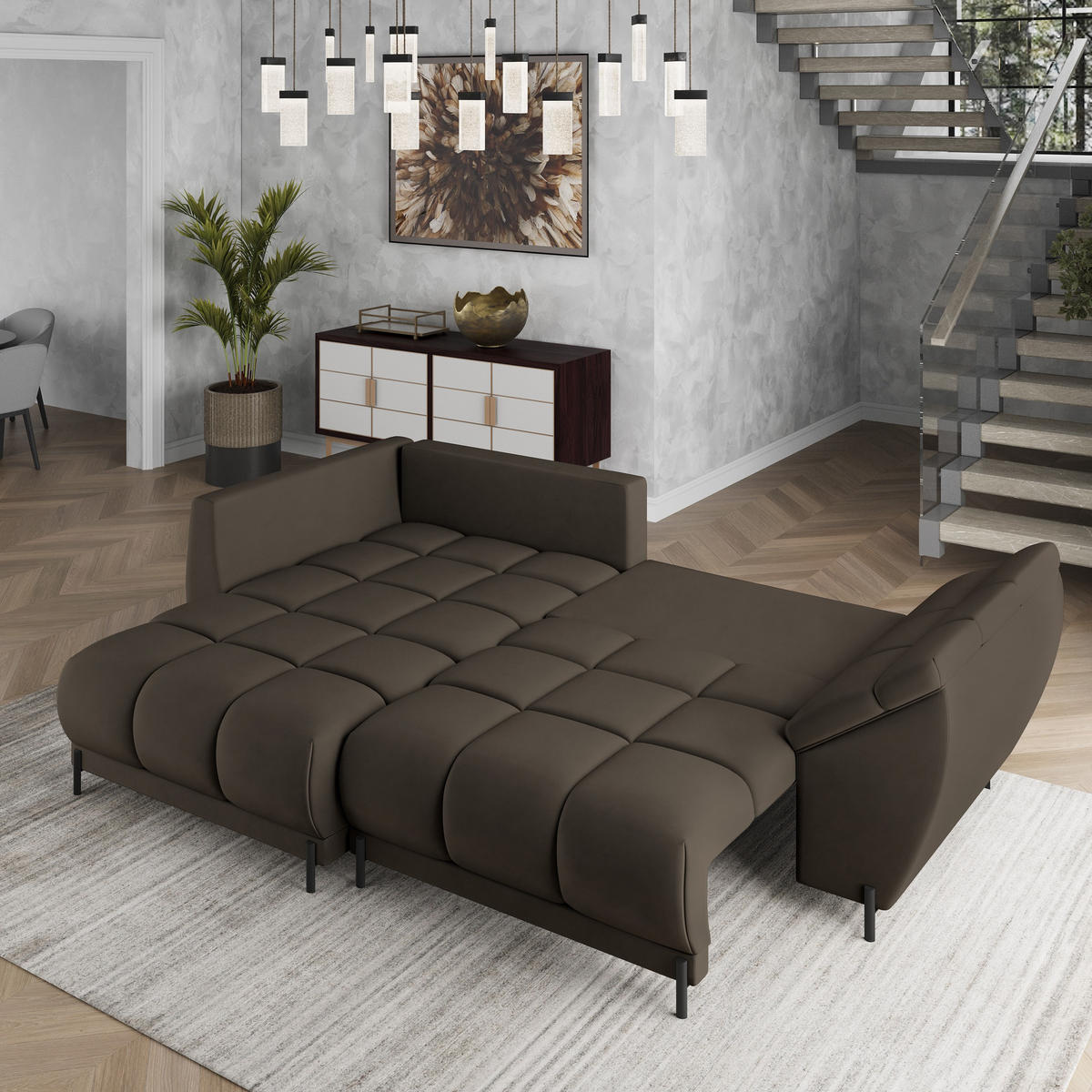 ECKSOFA VESTANO L-S Braun Velours-Stoff mit Schlaffunktion - Braun, Holz (287/182cm) - MASSENO