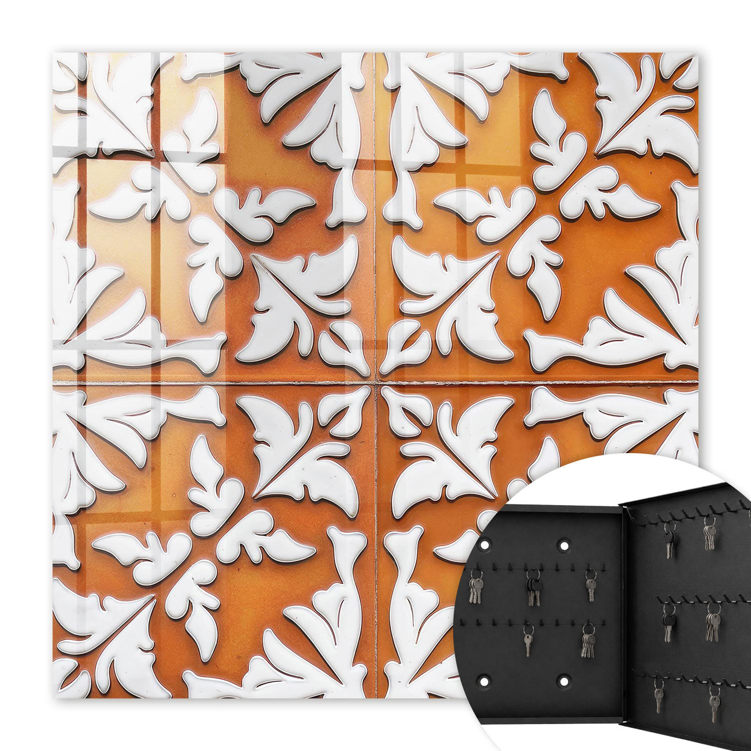 SCHLÜSSELBOX Schwarz 30x30 cm- Türöffnung nach rechts - Pflanzenmotiv - Orange, Metall (30/30/5cm) - TULUP