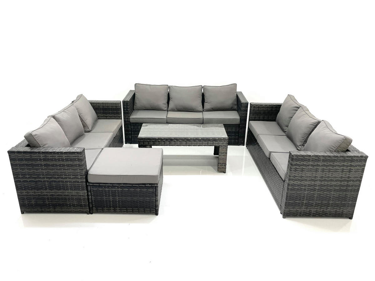 GARTENMÖBEL COUCHTISCH SET mit Sofa Polyrattan Outdoor 10-Sitzer - Dunkelgrau/Grau, Glas/Kunststoff - Fimous