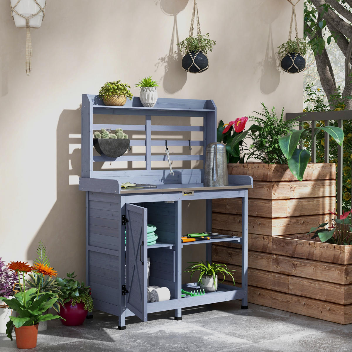 PFLANZTISCH aus Holz, Gärtnertisch mit Schrank, Blumentisch mit Arbeitsplatte, Grau - Grau, Holz/Metall (112/47/146cm) - Outsunny