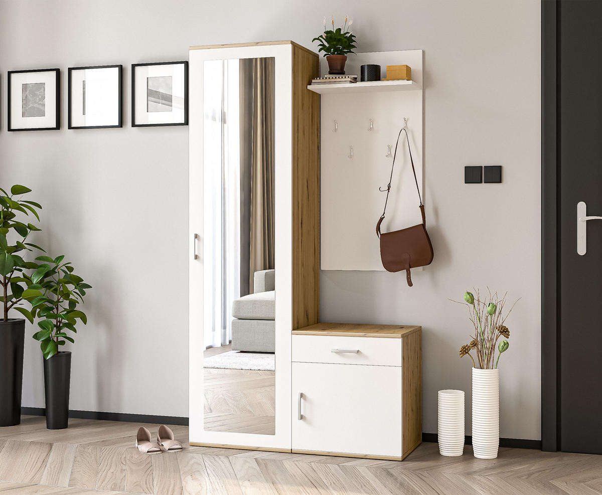 GARDEROBENSCHRANK Magnola Artisan Weiß 100/180,5/35 cm – Modern, mit Spiegel und viel Stauraum - Hellbraun/Weiß, Holzwerkstoff/Kunststoff (100/180.5/35cm) - AX Living