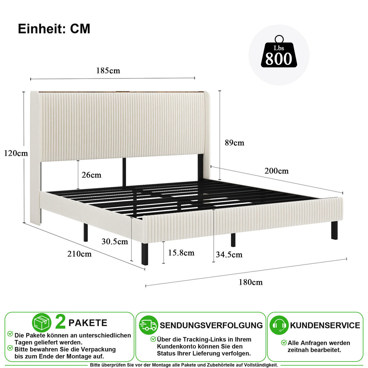 POLSTERBETT 180/200 cm in Beige & Creme Cord mit Flügelkopfteil - Beige, Holzwerkstoff/Textil (180/200cm) - CHICFURN