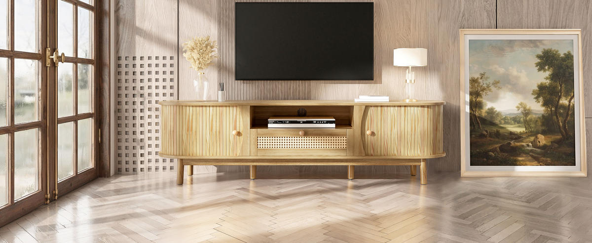 TV-LOWBOARD Rattan Türen Holz Landhaus - Naturfarben, Holz (165/46/37cm) - Fortuna Lai