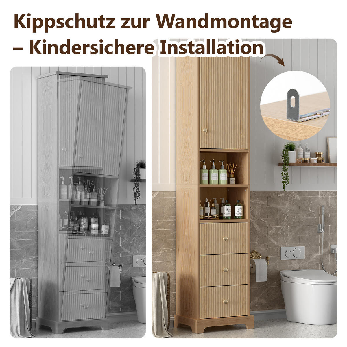 WASCHBECKENUNTERSCHRANK Badezimmer Unterschrank MDF Holzoptik 3 Schubladen Soft-Close melaminbeschichtet - Naturfarben, Holzwerkstoff (40/172/30cm) - EVRYAE