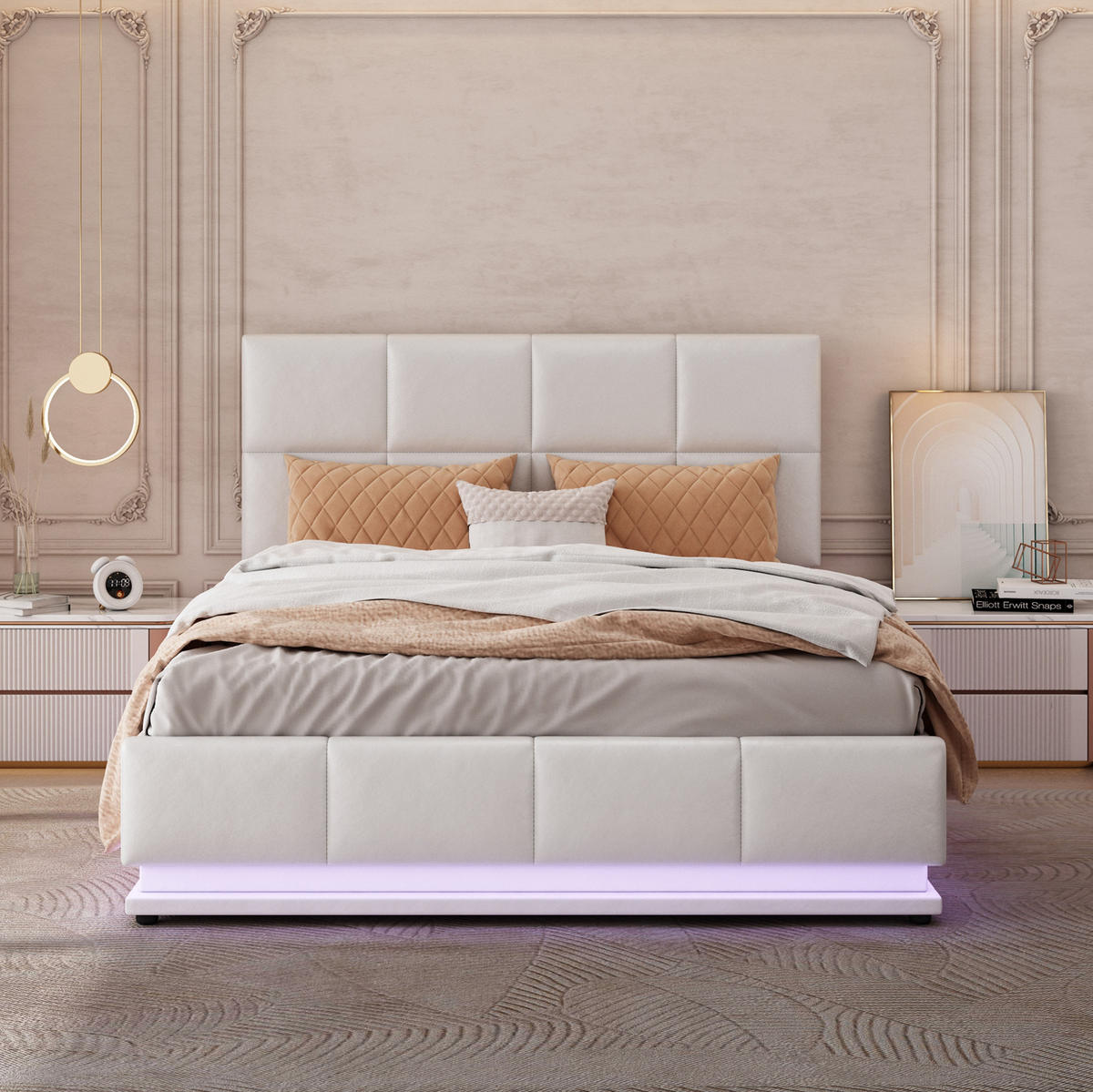 POLSTERBETT 140/200 cm mit LED-Beleuchtung, hydraulischem Bettkasten und Lattenrost, Kunstleder, Weiß - Weiß, Textil (140/200cm) - Redom