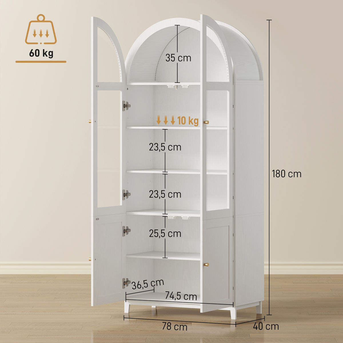 HIGHBOARD DE-11336 Vitrine mit 2 Acryltüren & verstellbaren Böden Weiß - Weiß, Holzwerkstoff (40/180/78cm) - ComfortXL