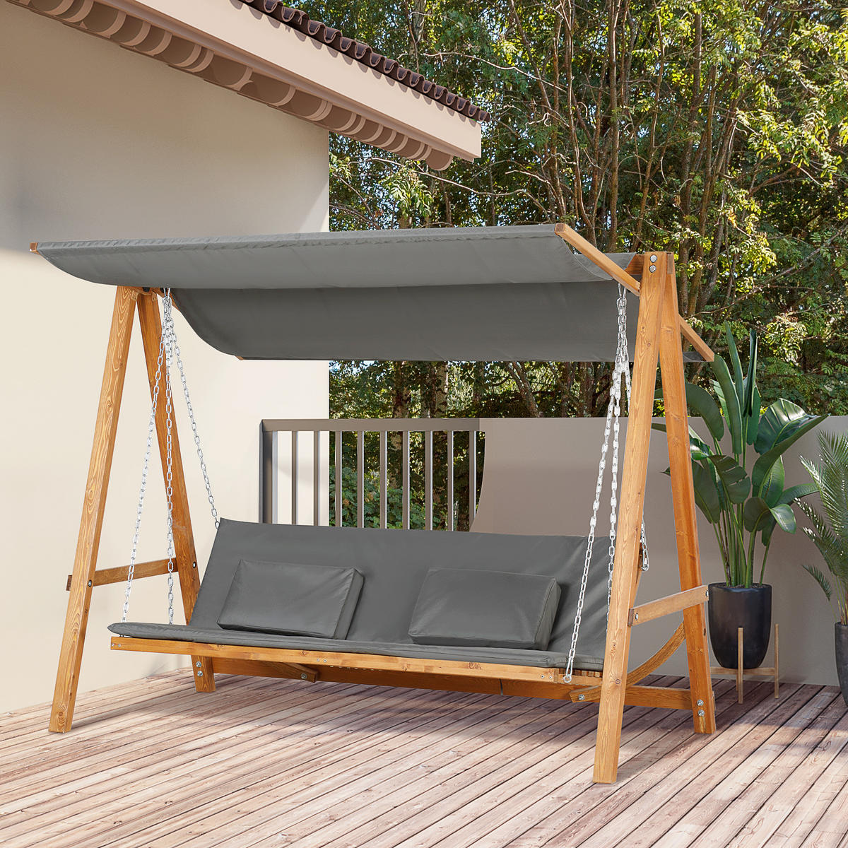 HOLLYWOODSCHAUKEL DE-07017 3-Sitzer, Mit Bettfunktion, Lärche Natur - Grau/Teakfarben, Holz (225.5/180/130cm) - ComfortXL