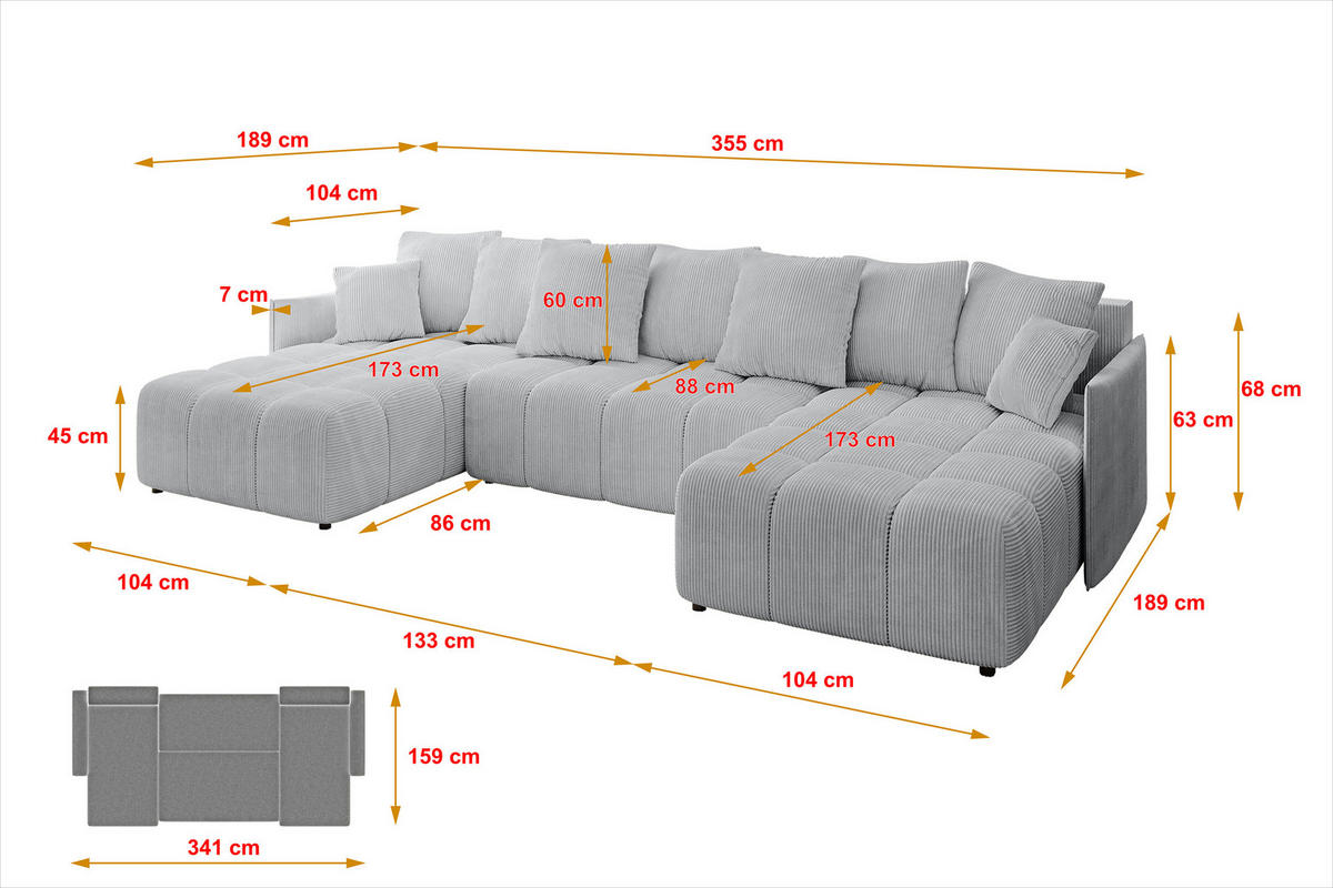 WOHNLANDSCHAFT LONLI-U 355x189x68 Grau Cord - Grau, Holzwerkstoff/Kunststoff (355/68/189cm) - ALTDECOR