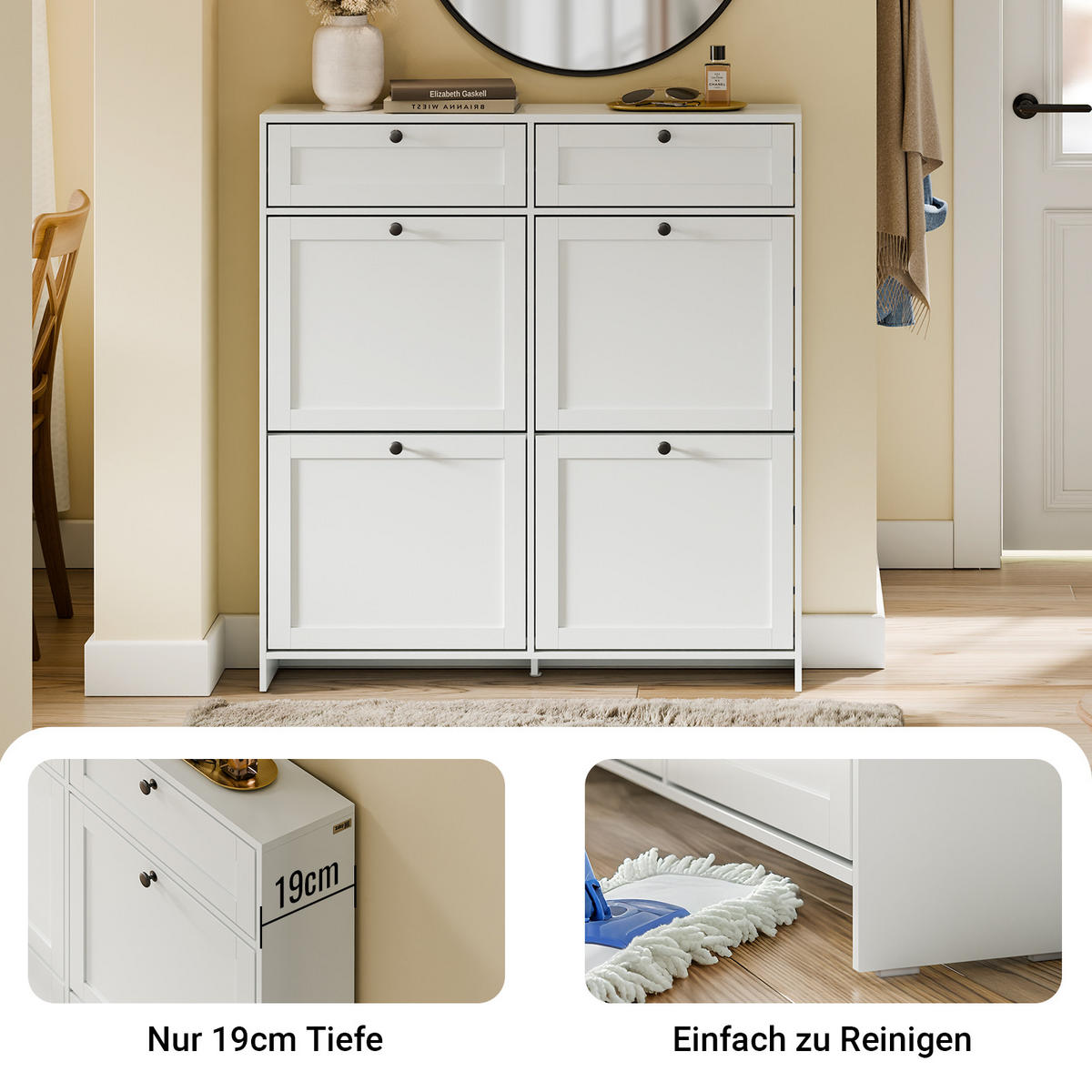 SCHUHKIPPER Schmal mit Schublade, Weiß 100x107x19 cm - Weiß, Holzwerkstoff (100/107/19cm) - SoBuy