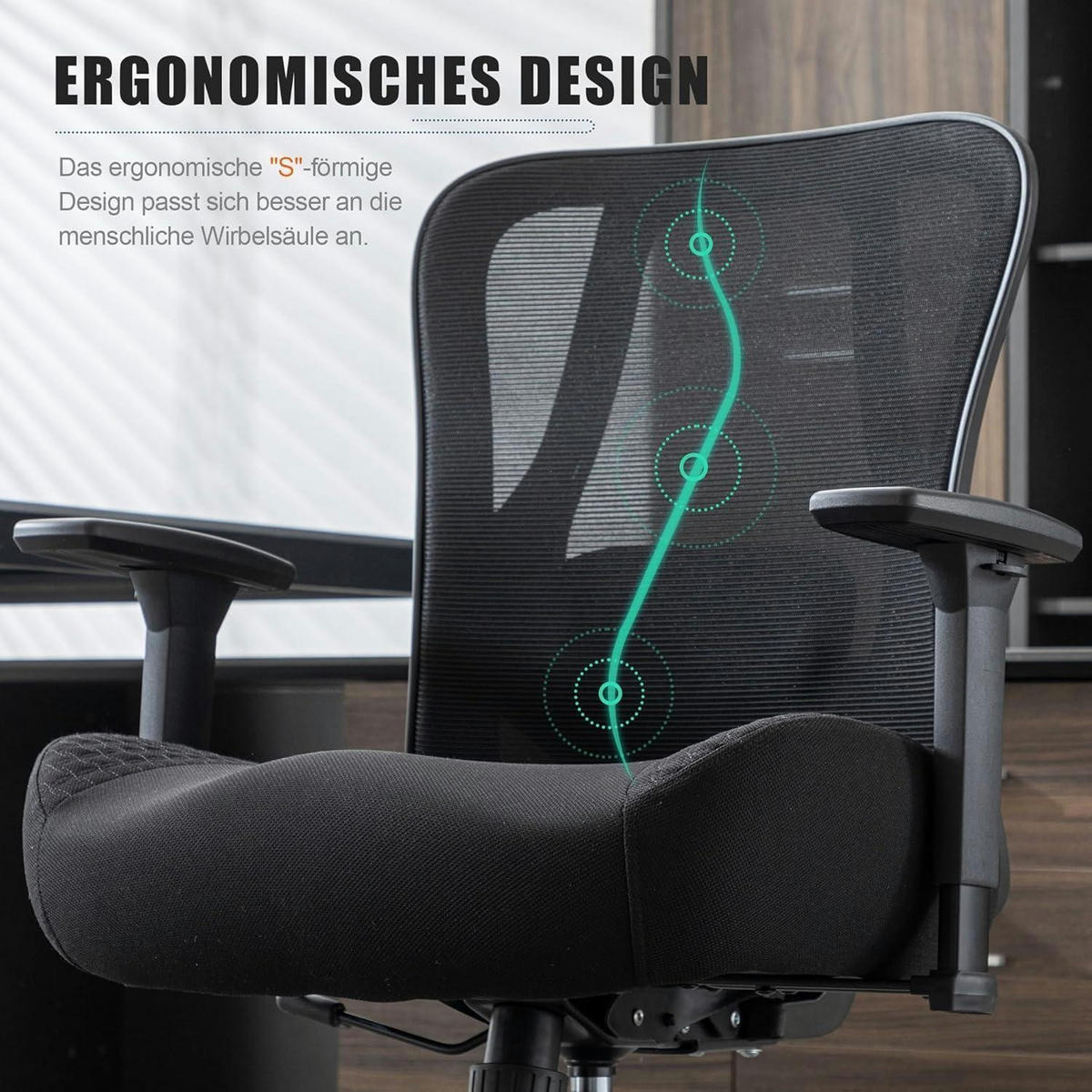 BÜROSTUHL mit Lendenwirbelstütze und 230kg Belastbarkeit Schwarz - Schwarz, Textil (73/93/69cm)