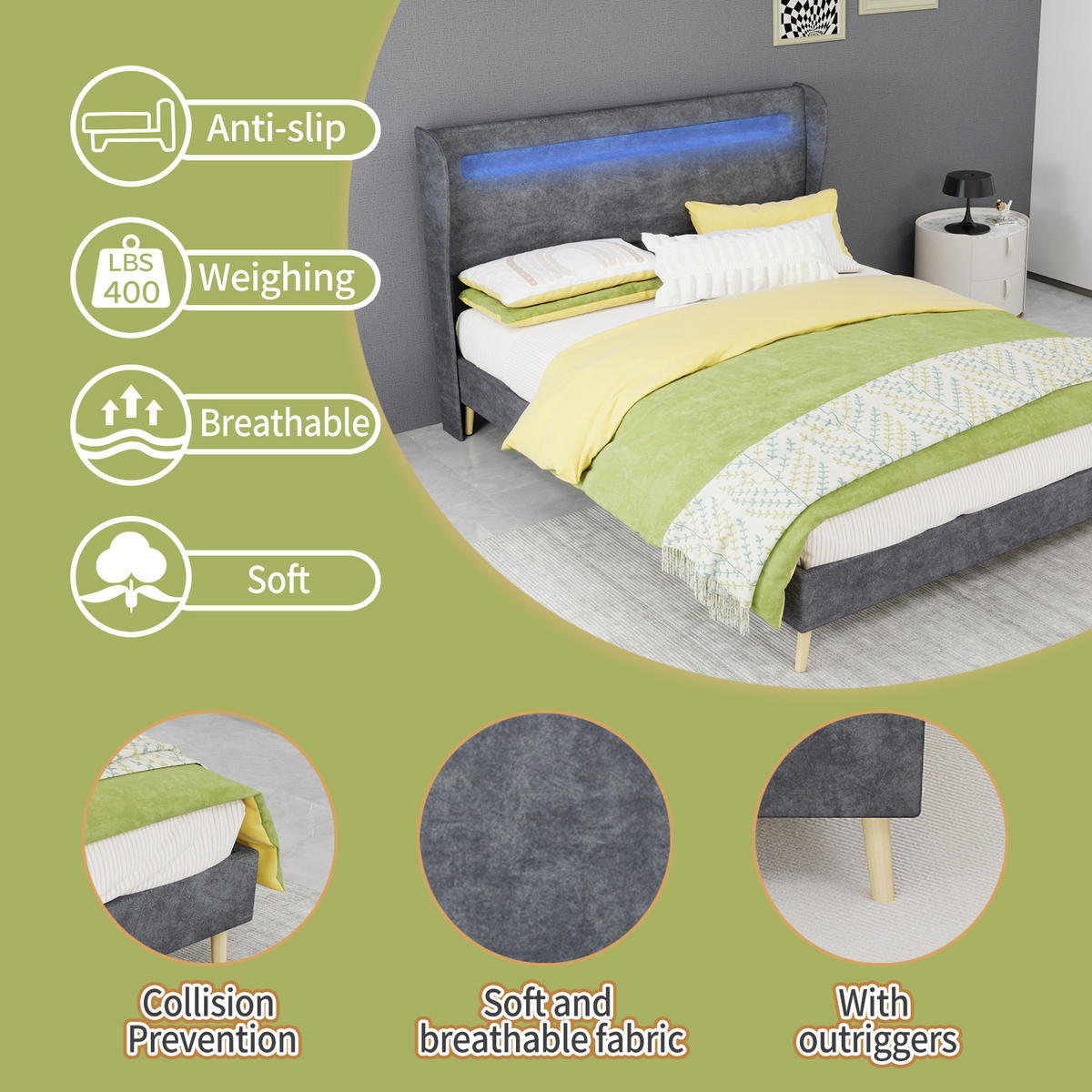 POLSTERBETT 140/200 cm DE-35471 mit LED-Kopfteil Grau - Grau, Metall (140/200cm) - ComfortXL