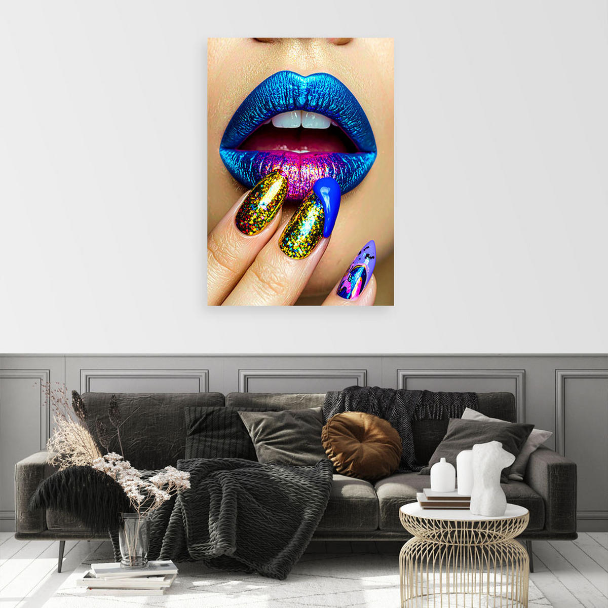 LEINWANDBILD, Blaue Lippen und bunte glänzende Nägel - Blau, Textil (30/45cm) - Feeby