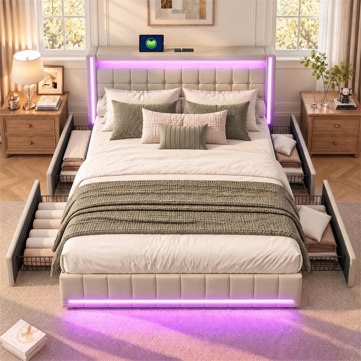 POLSTERBETT 140x200 cm Lumina Smart mit 3-Zonen RGB-LED, USB & USB-C, 4 Schubladen, Leinen-Optik, Beige - Beige, Textil (140/200cm) - DELFA
