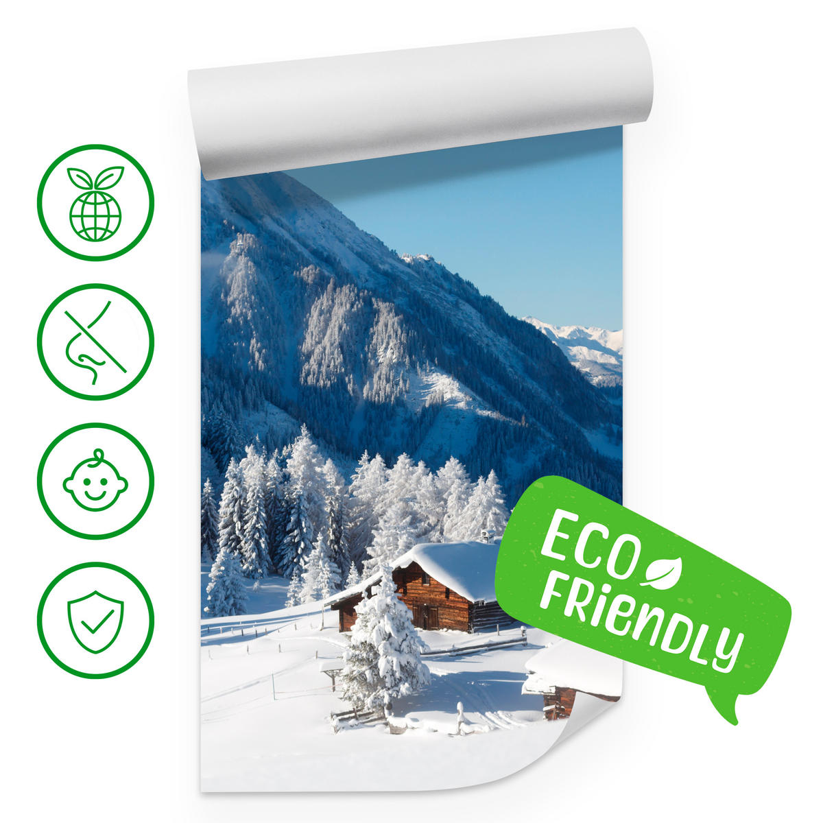 FOTOTAPETA Pre Obývaciu Izbu Drevená Chata Hory Stromy Zima 450 x 315 cm - biela, papier (450/315cm) - Muralo