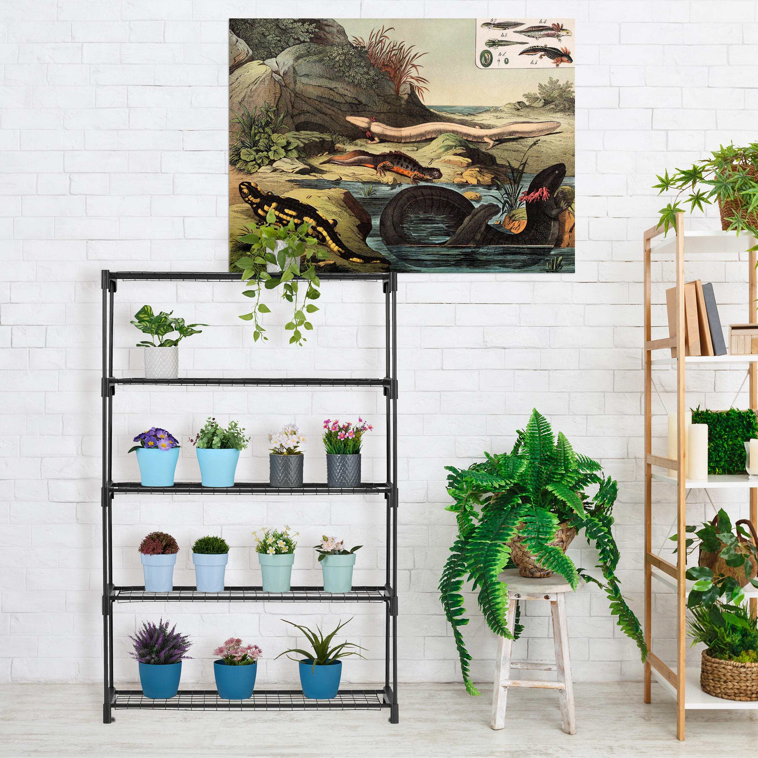 Thumbnail - Relaxdays Blumenregal, Schwarz, Metall, Kunststoff, 91x140x28 cm, Wohnzimmer, Wohnzimmertische, Blumenständer