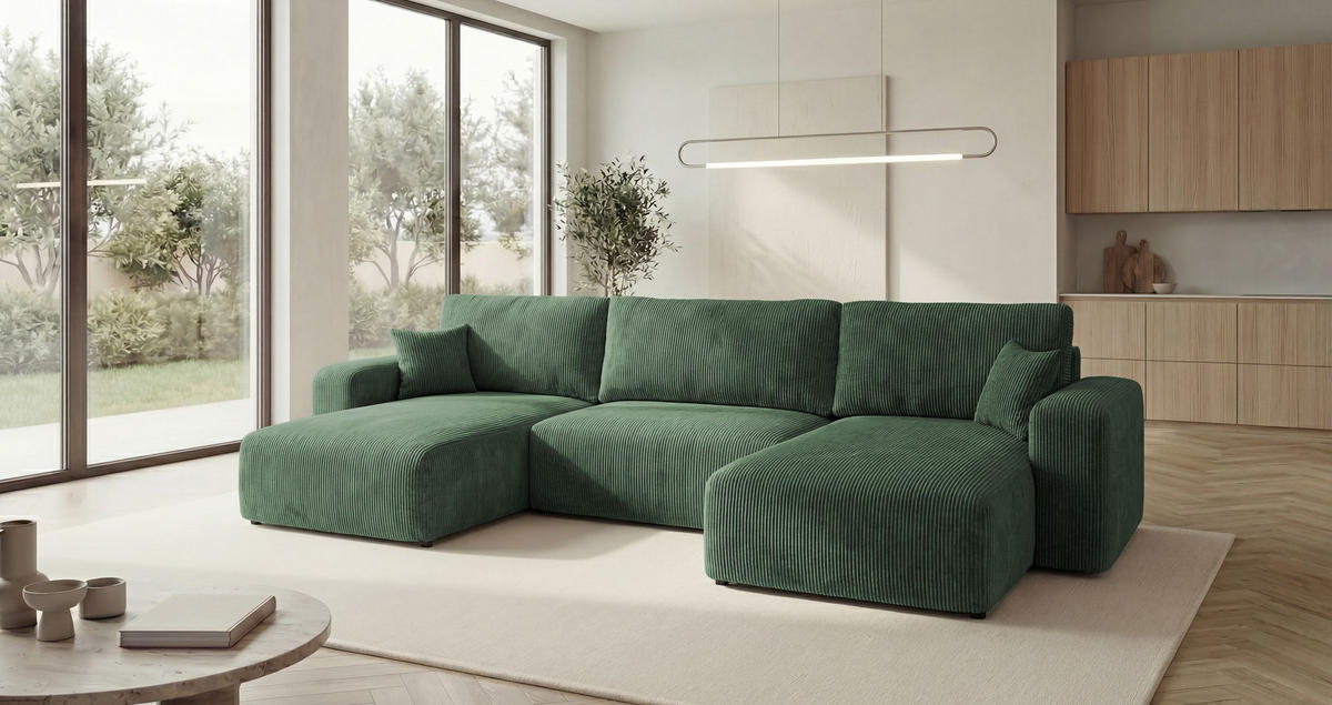 SEDACÍ souprava BERLIN tvar U zelená manšestr Poso 14 - funkce spaní, úložný prostor - zelená barva, textil (385/86/185cm) - Cornero