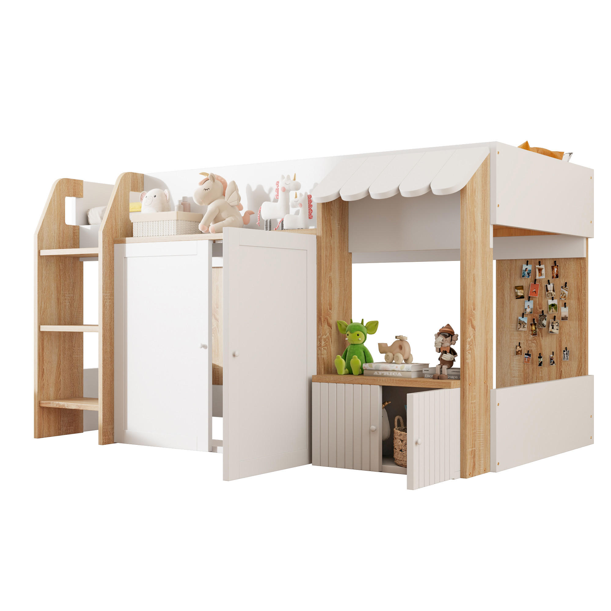 HOCHBETT im Hausdesign 90x200 cm Weiß/Natur mit Stauraum und Leiter - Weiß, Holz (90/200cm) - Meubliv