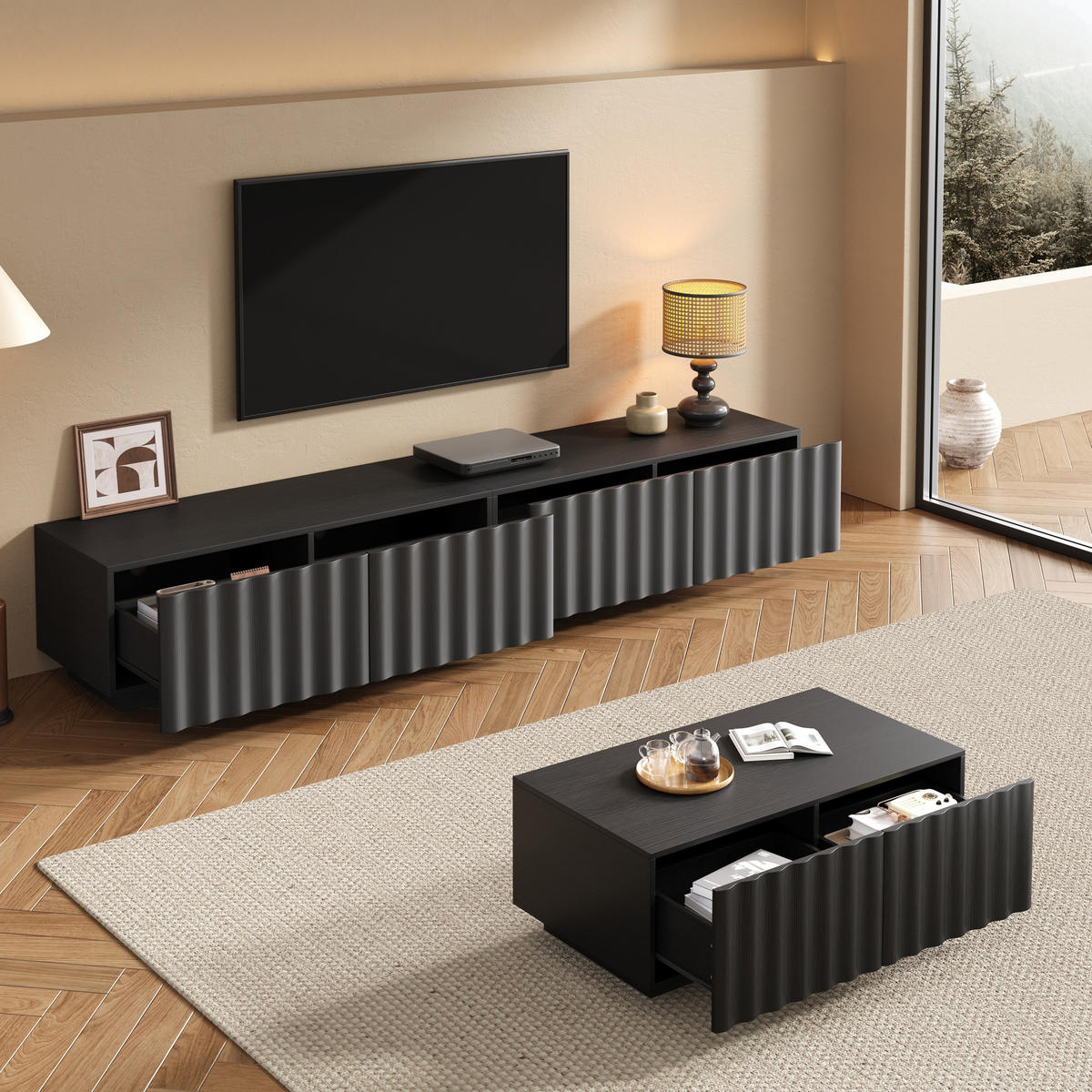 WOHNZIMMER-SET in Schwarz Wohnzimmermöbelset mit Schuhbladen, Lowboard & Couchtisch - Schwarz, Holzwerkstoff (200/35/40cm) - STILVORA