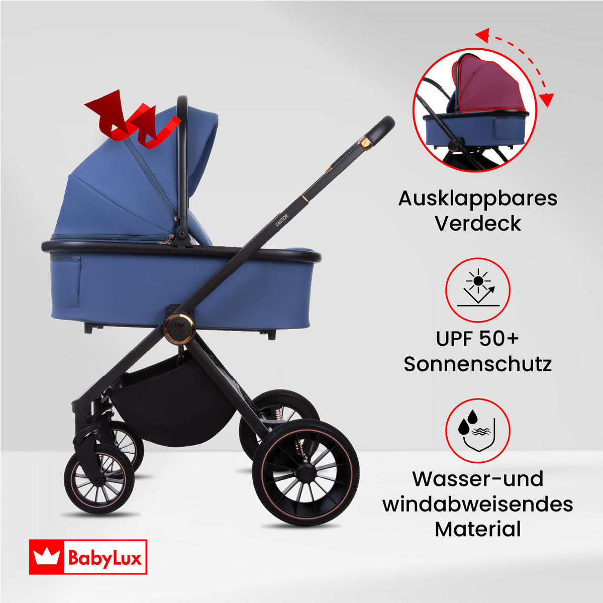 KINDERWAGEN Castor 4in1 Sapphire Babywanne, Reisebuggy, Autositz, Isofix Basis - Blau/Schwarz, Textil/Metall (58/98cm) - BabyLux