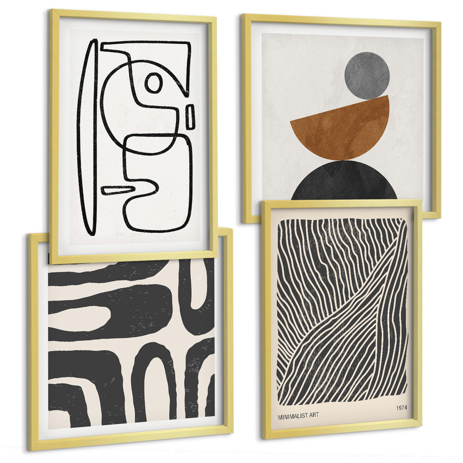 BILDER SET 4er Set - 50x50 cm & 40x60 cm Goldrahmen - Abstrakte Muster mit Linien - Goldfarben, Kunststoff (50/50cm) - TULUP