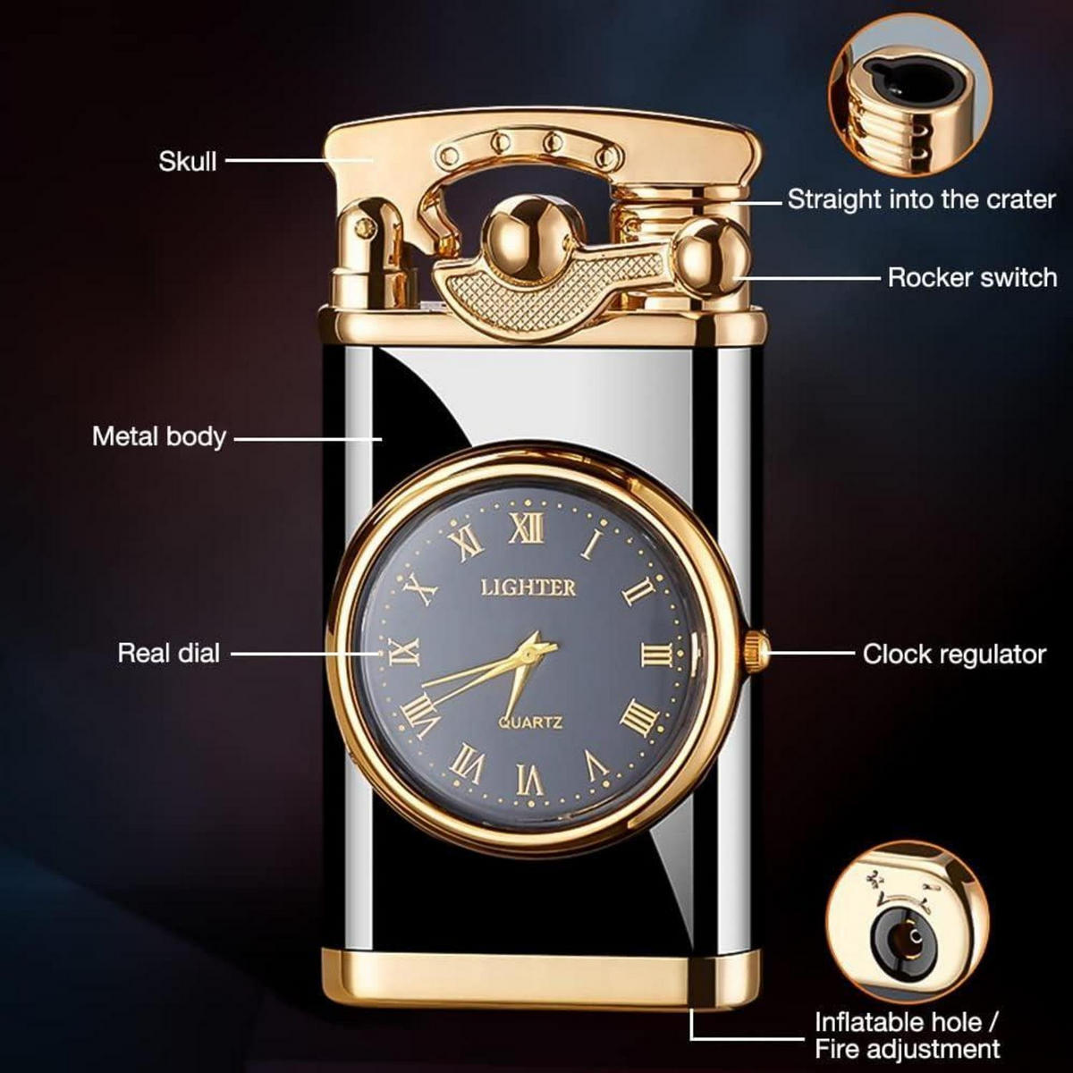 FEUERZEUG mit Uhr Schwarz - Multicolor, Metall (8/3/10cm)