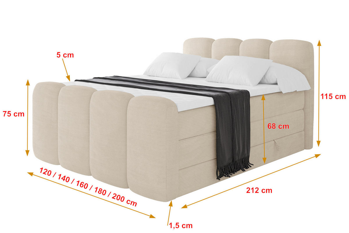 BOXBETT mit Matratze H3|H4 - NINA-Z KING - 160x200 cm - Beige - Ecru, Holzwerkstoff (160/200cm) - ALTDECOR