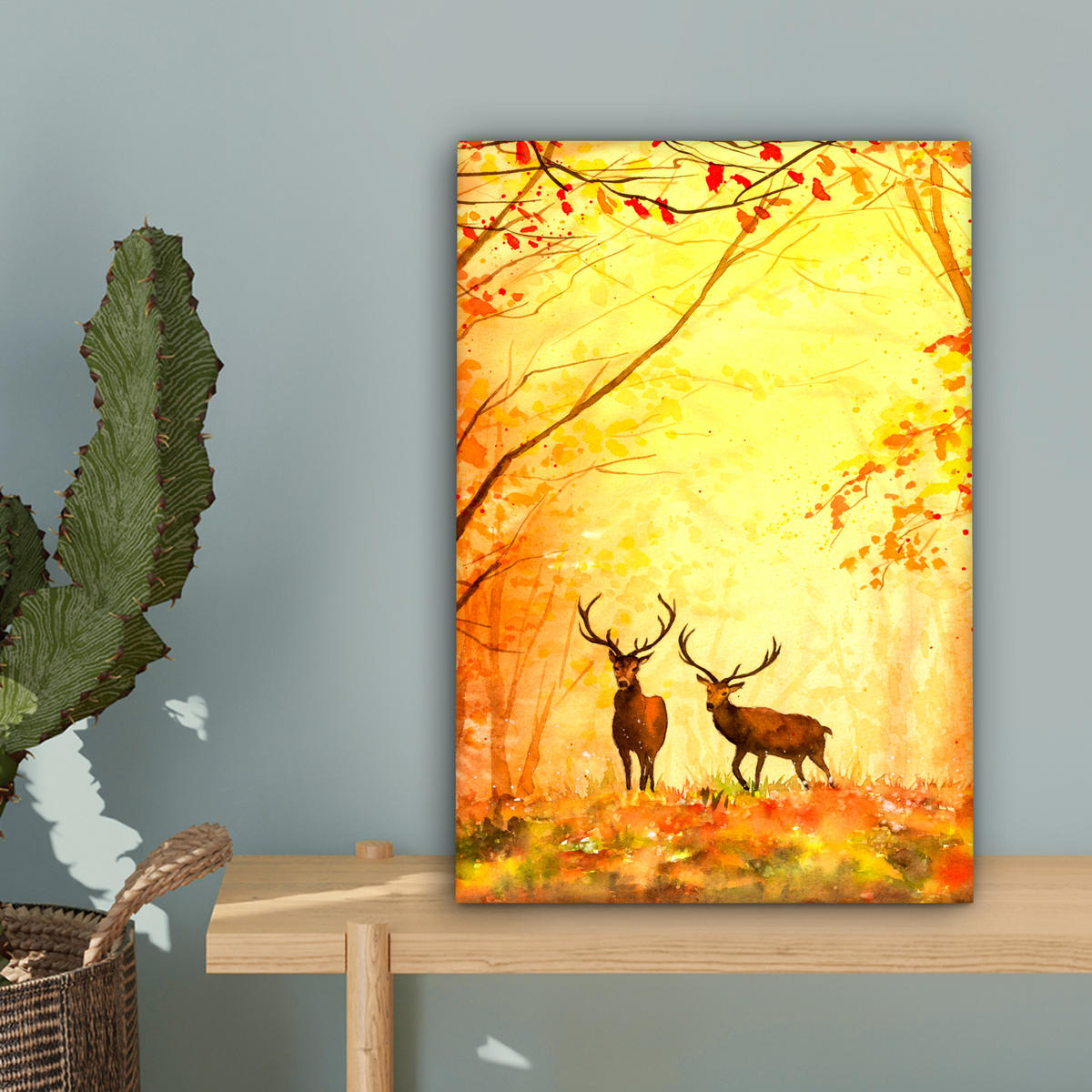 LEINWANDBILD Natur - Ölfarbe - Hirsche - Tiere - Herbst - Orange Deko Wohnzimmer 20x30 cm - Orange, Textil (20/30cm) - MuchoWow