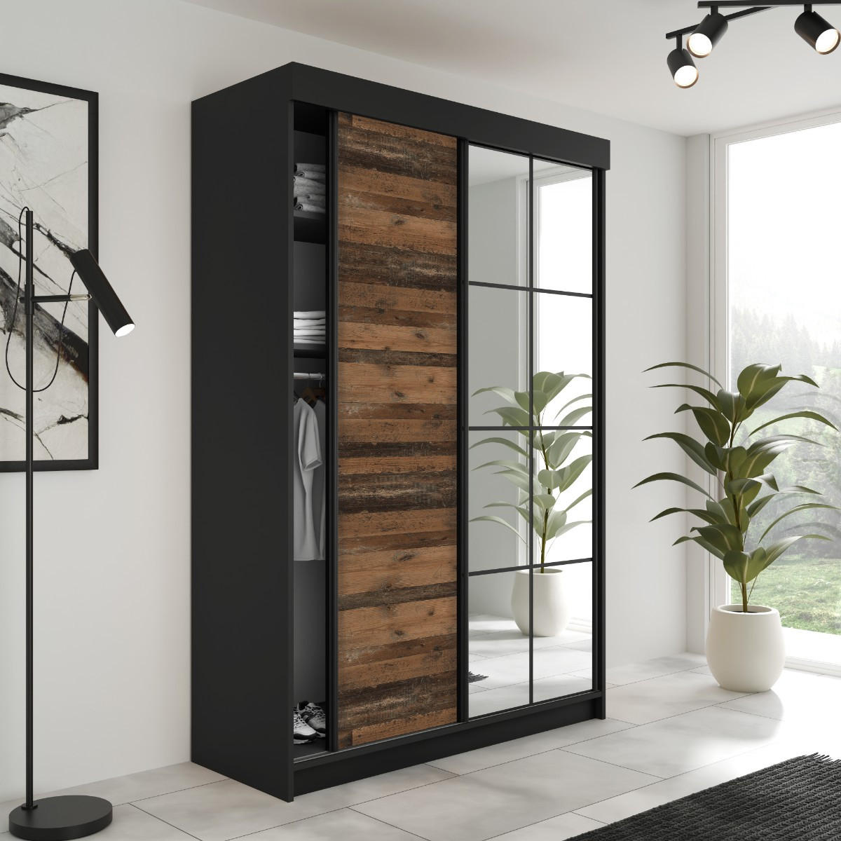 SCHIEBETÜRENSCHRANK LAMARO - 138x205x59 - Schwarz & Old Style - Dunkelbraun/Schwarz, Holzwerkstoff (138/205/59cm) - Kier Furniture