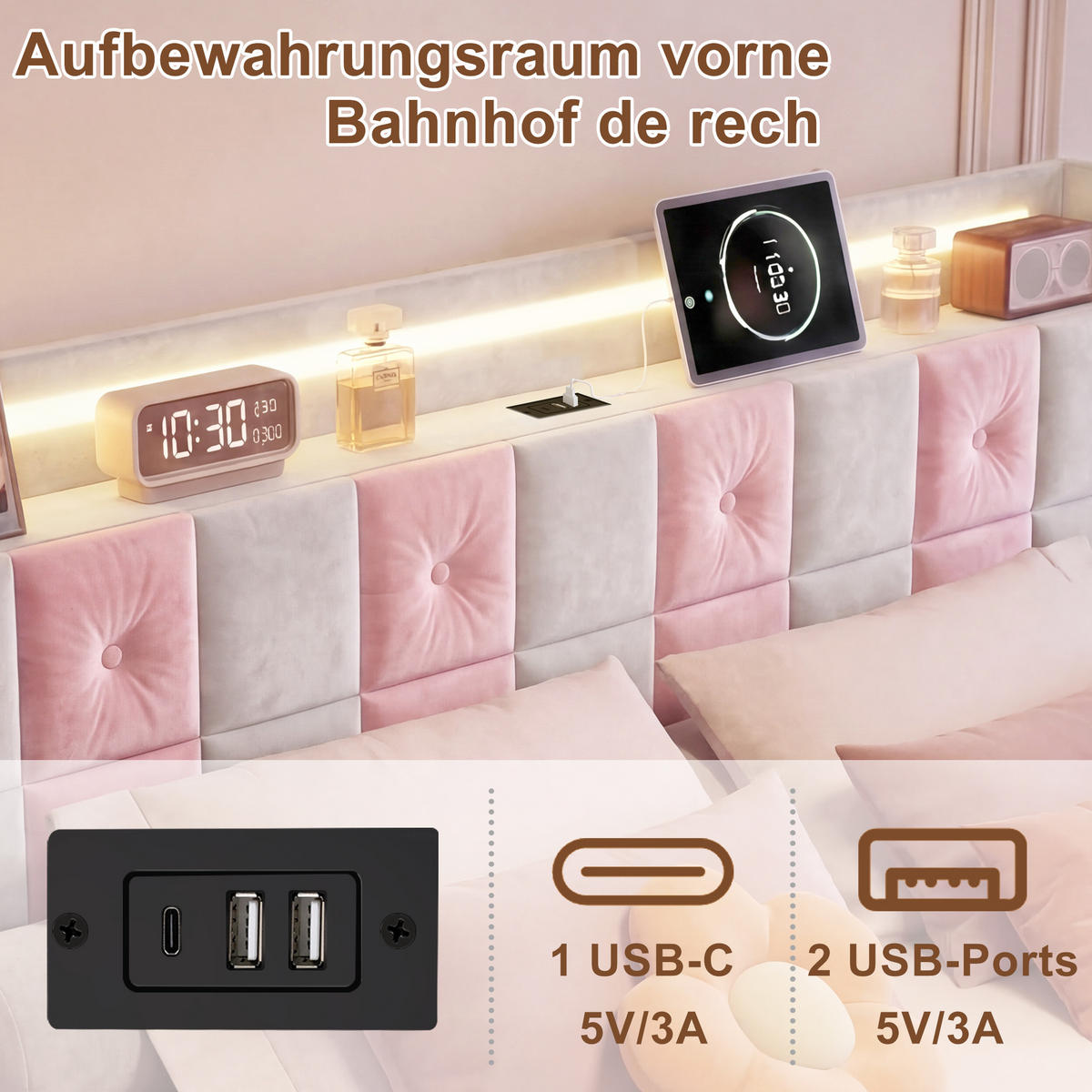 POLSTERBETT 140/200 cm Rosa/Beige mit 2 Schubladen, LED-Kopfteil mit Ablage und USB-Anschluss - Rosa, Metall (140/200cm) - EuroLiving