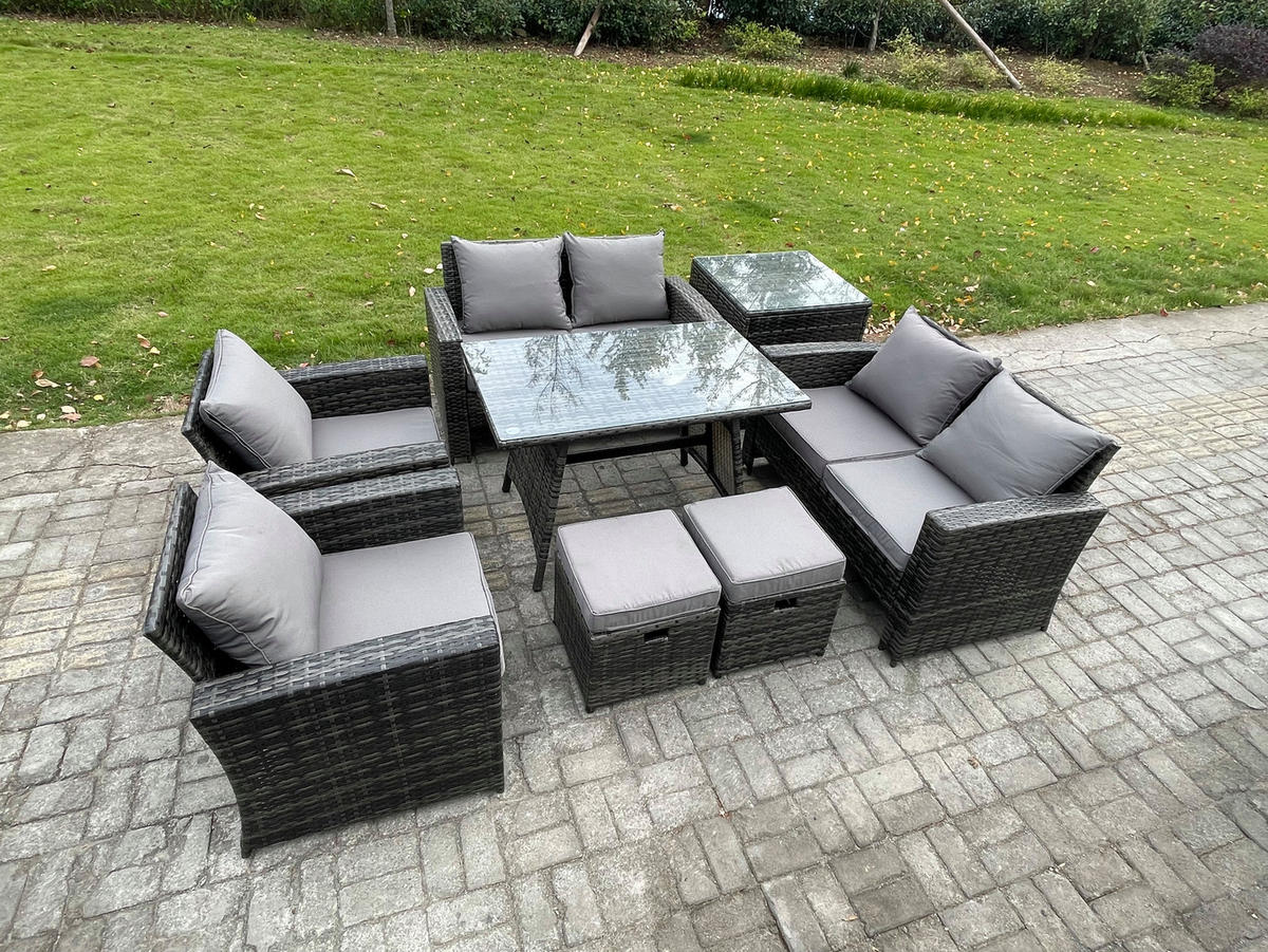 GARTENMÖBELSET mit ESSTISCH,HOCHLEHNER-SOFA Polyrattan Dunkelgrauer Mix 8-Sitzer - Dunkelgrau/Grau, Glas/Kunststoff - Fimous