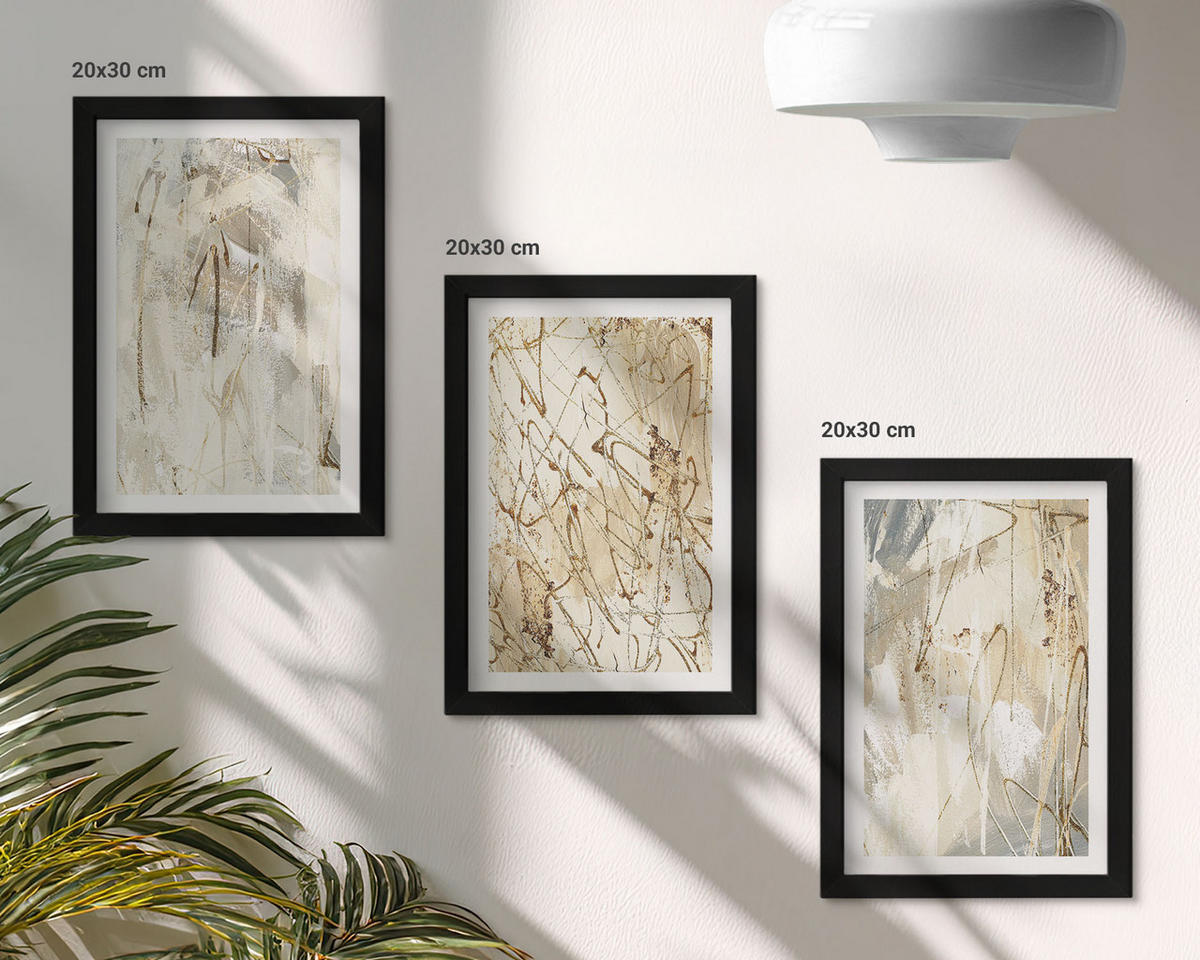 WANDBILDER 3er-Set - 20x30 cm Schwarzer Rahmen - Abstrakte Muster in Beige und Grau - Schwarz, Kunststoff (20/30cm) - ArtPrintCave